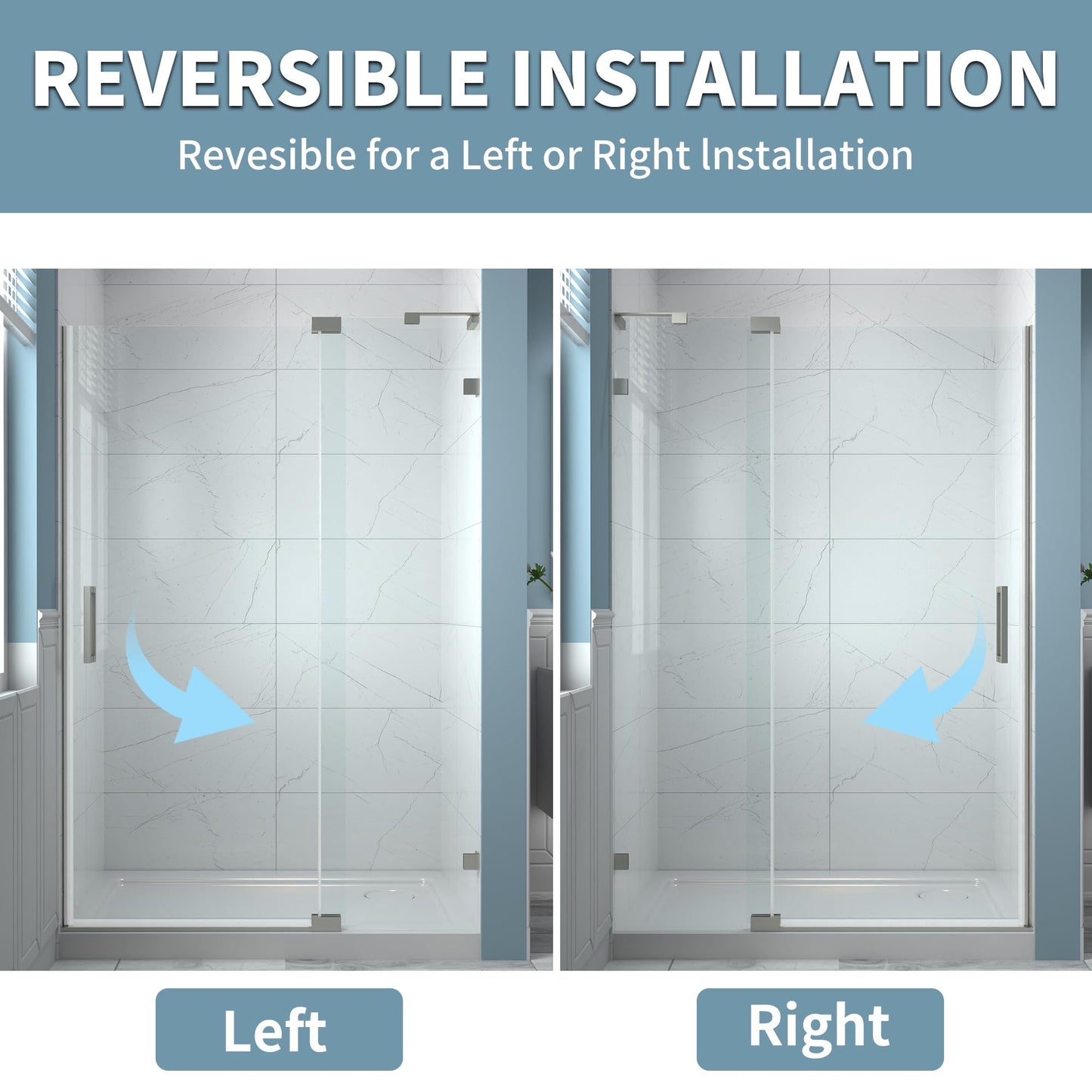 ComfyStyle 44-48" W x 70" H Frameless Pivot Shower Door, 5/16"(8mm) Clear SGCC Tempered Glass Shower Doors, Brushed Nickel Hinged Shower Glass Door, Reversible Installation
