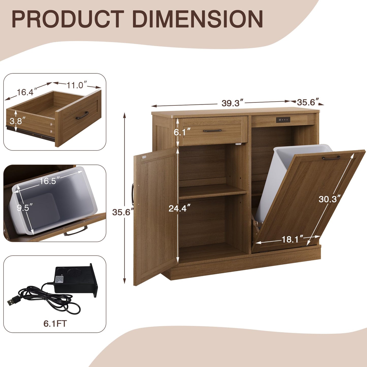 LOUVIXA Double Tilt Out Trash Cabinet, Kitchen Island with Trash Storage, Trashcan Cabinet for Kitchens, Wood Cabinet with Trash Can Pull Out, Dog Proof Trash Can (Light Coffee, 10 Gal)