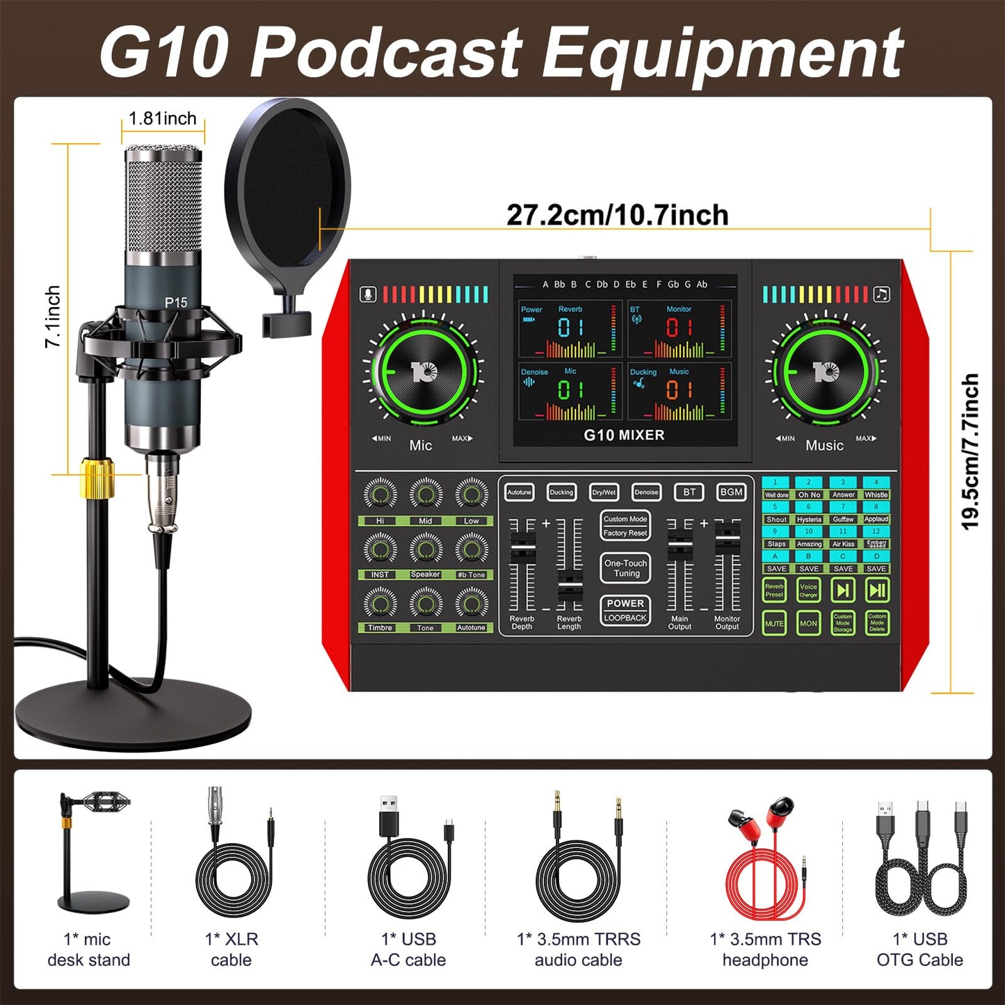 Podcast Microphone Bundle with Live Sound Board Audio Mixer, Podcast Equipment Bundle with 3.5mm Condenser Microphone(P15) for Pc/Phone Live Streaming Singing Gaming, Voice Changer, Denoise