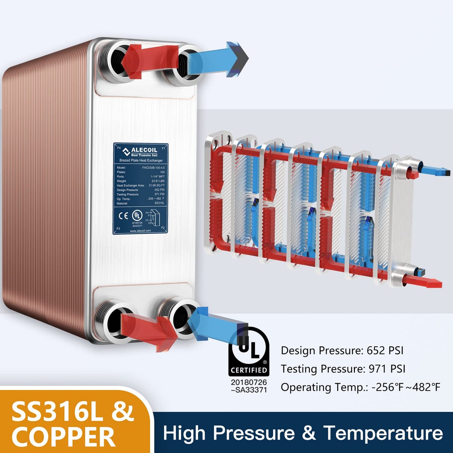 ALECOIL 5"x12"-100 Plates Heat Exchanger with 1-1/4" MPT Port Water to Water 316L Stainless Steel Brazed Plate Heat Exchanger for Water Heating, Floor Heating, Commercial Refrigeration(5"X12"-100P)