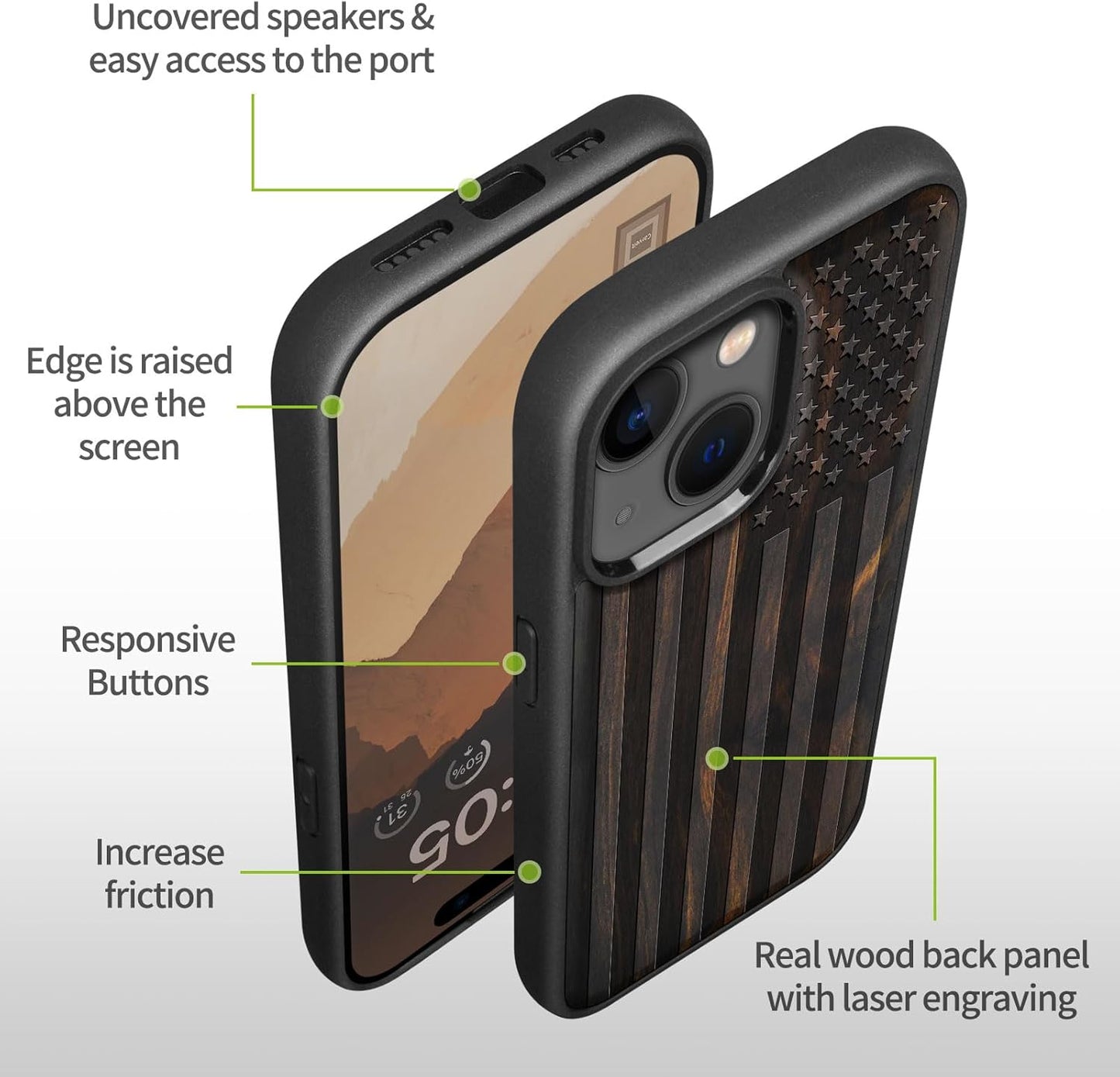 Carveit 15 Magnetic Wooden Case for iPhone Case, Compatible with MagSafe Wireless Chargers, Black Soft TPU Shockproof