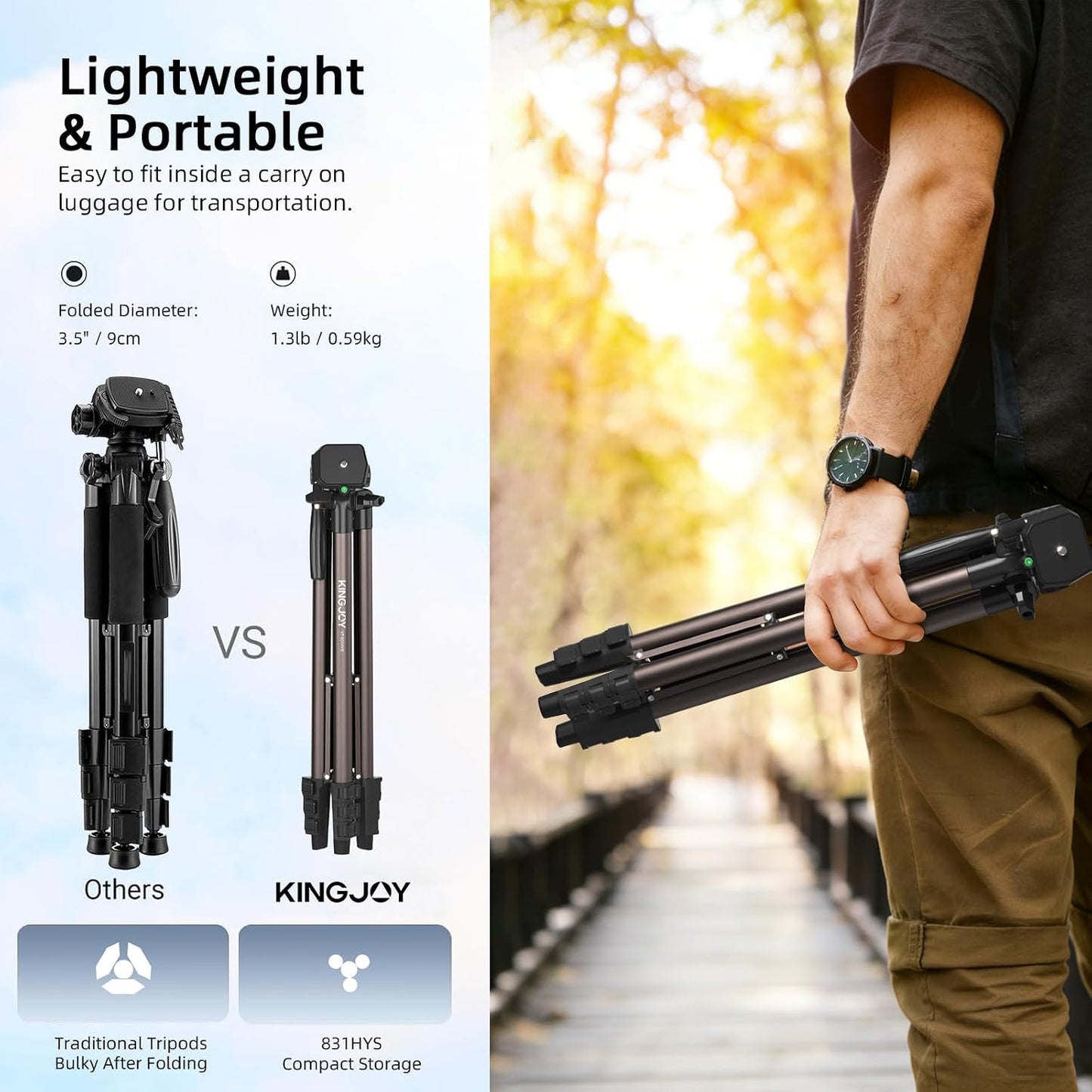 KINGJOY 71" 3-Way 6.6LB Camera Tripod, Lightweight Travel Tripod with Wireless Remote, Cold Shoe Phone Mount, Pan Head