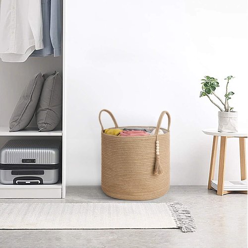 Mkono Woven Storage Basket - Natural Rope Organizer with Wooden Bead Decor | 16" W × 13.8" L for Blankets, Toys, and More