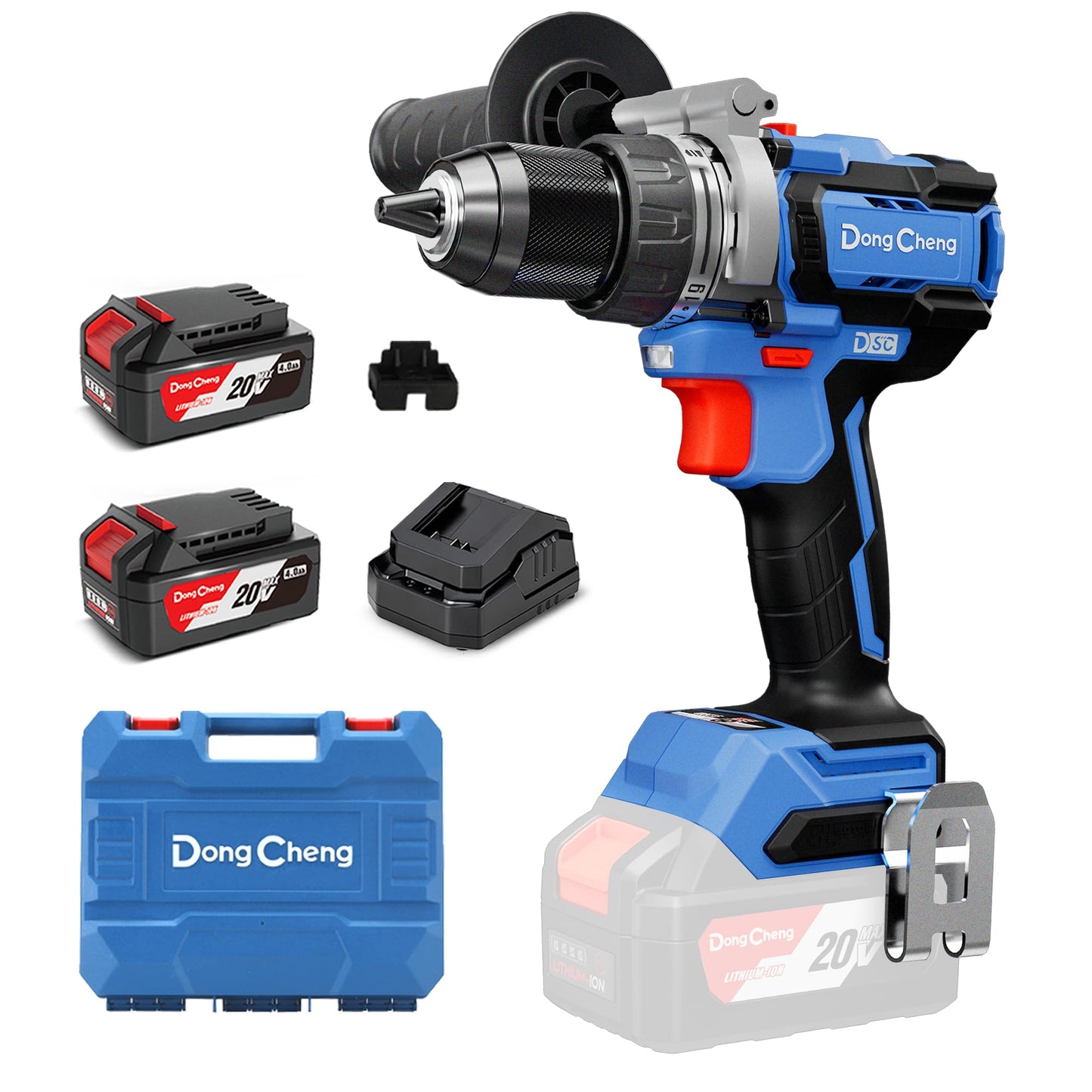 Dong Cheng 20V Brushless Hammer Drill, 1416in-lbs, 2 x 4.0Ah Battery, 1/2" Keyless Metal Chuck, 19+1+1 Clutch, Cordless Heavy-Duty Drill for Drilling Brick Wall, Metal, Wood
