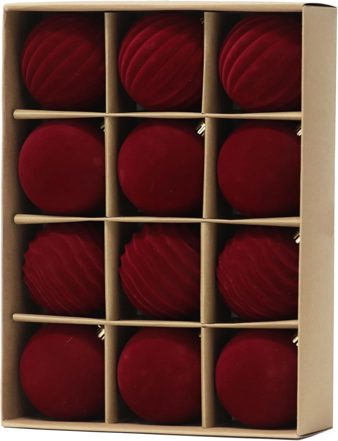Senjie Burgundy Velvet Christmas Ornaments - 12PCS Flocked Plastic Balls for Tree Decoration