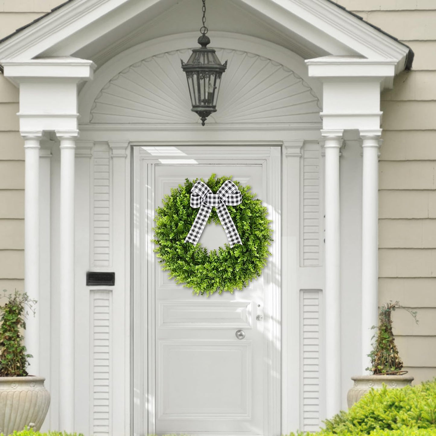 Vlorart 20" Faux Round Boxwood Wreath - Large Artificial Greenery with Plaid Bow for Door & Wedding Decor