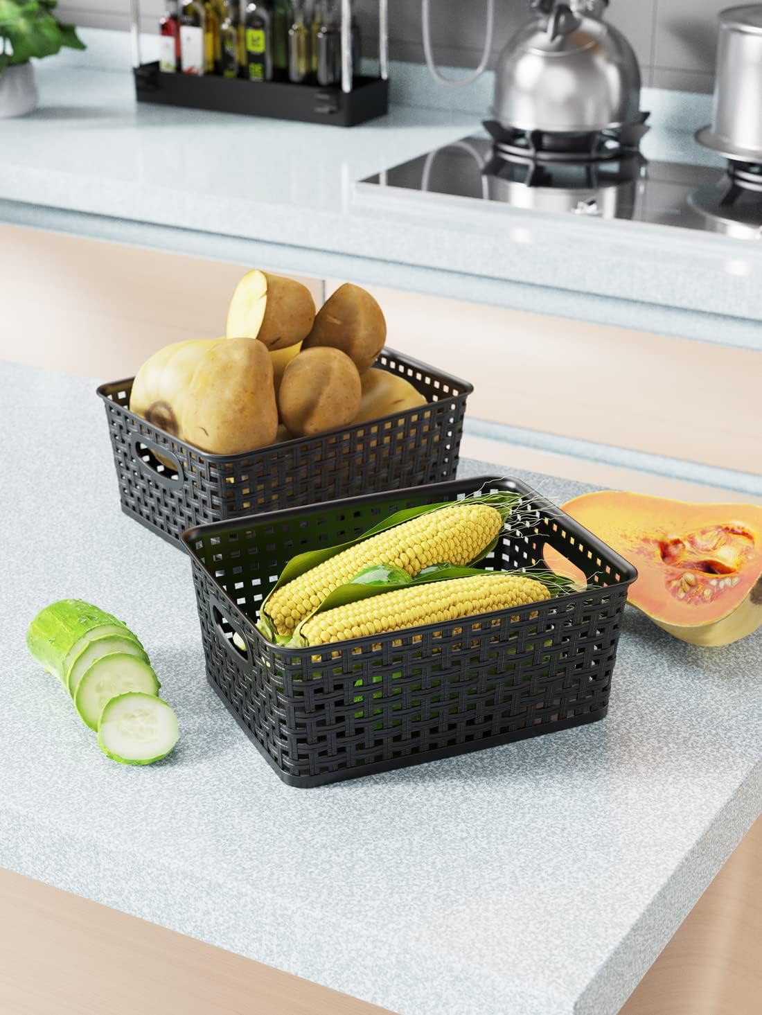 WYT Plastic Small Shelf Storage Baskets - 12-Pack Weave Design for Organizing | Black