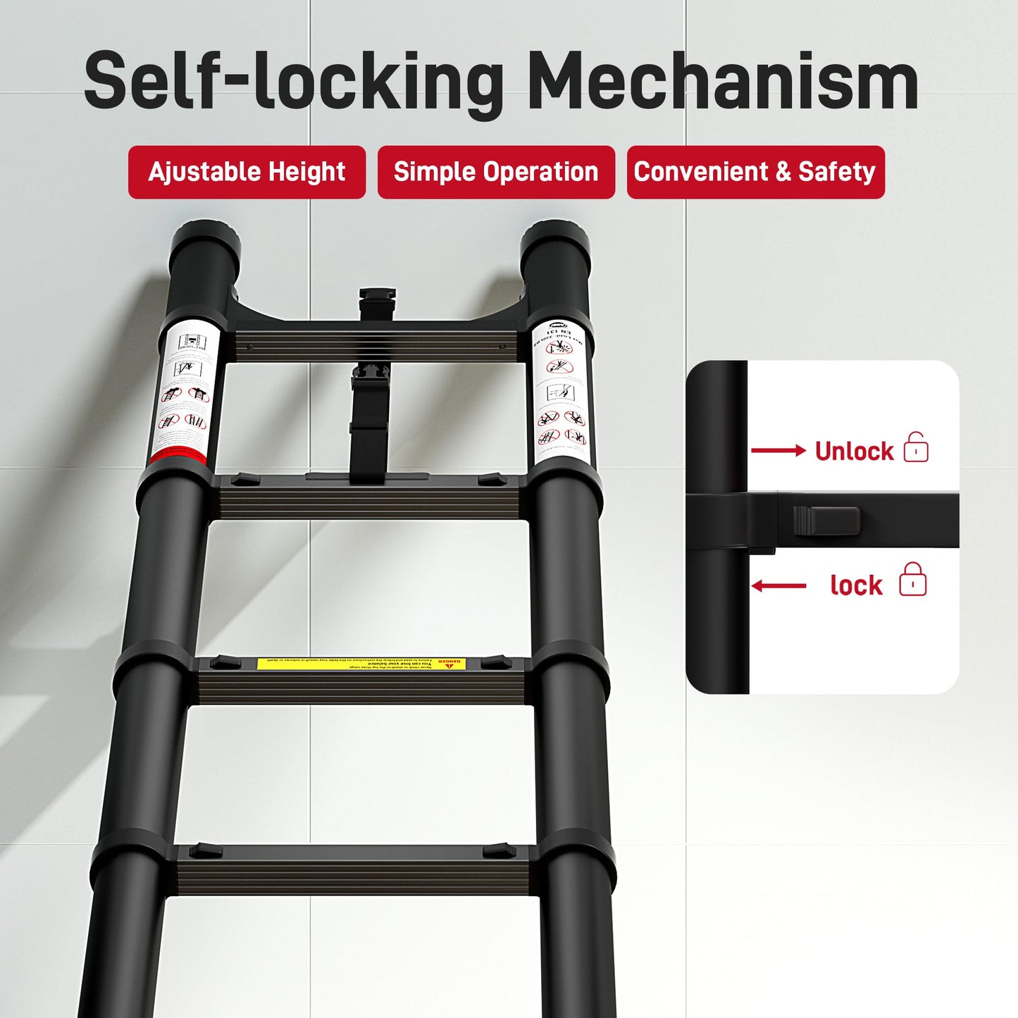 SEEKNEW 16.5 FT Telescoping Ladder, Aluminum Extension Ladder, 330 lbs Capacity with Triangular Stabilizers, Portable Collapsible Ladder for Roof, Home and RV; Black