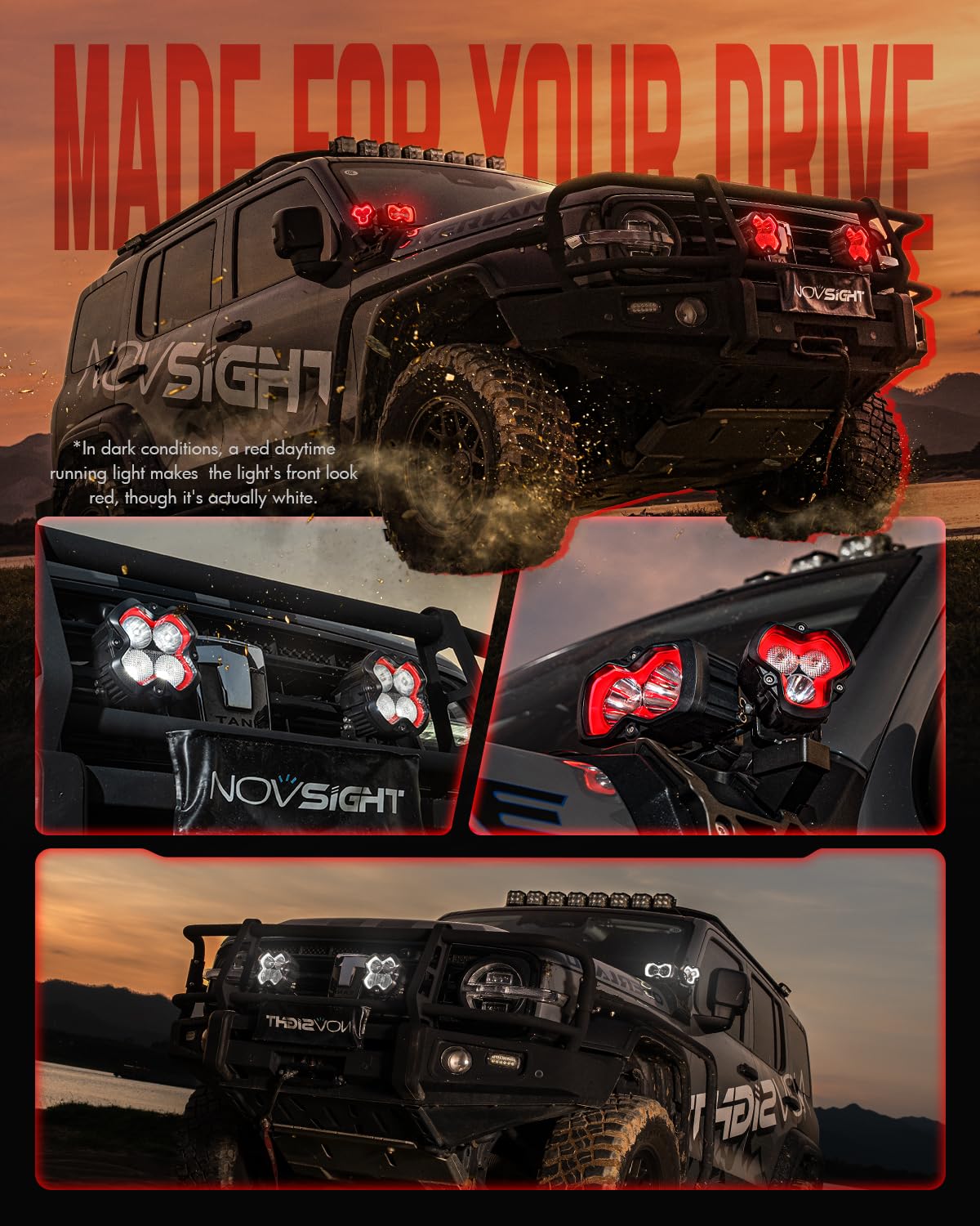 NOVSIGHT Offroad LED Pod Lights - Halo SE Series 3 Inch LED Spot Flood Beam with Red/White DRL, 120W Super Bright Off Road Cube Light for Truck Jeep Pickup Ford ATV, Pair(Red Dot Award 2025 Winner)