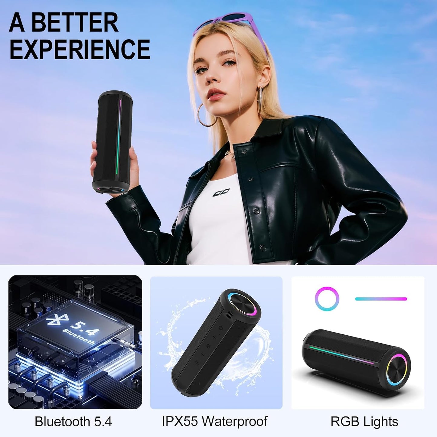 CofunKool 16W 5.4, 3600mAh IPX55 Portable Speaker with RGB Lights, Clear Stereo Loud Sound, AUX Input TF Card Slot