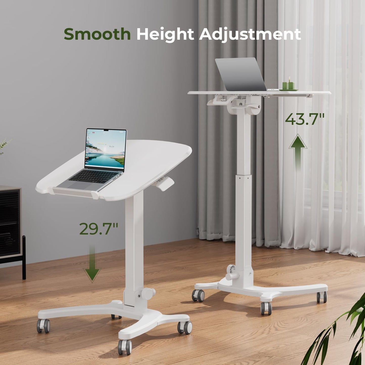 JYLH JOYSEEKER Foldable Mobile Standing Desk, 27"×21" Portable Rolling Laptop Cart with 90° Tiltable Board, Height Adjustable Workstation with Wheels, Folding Table for Home Office, White