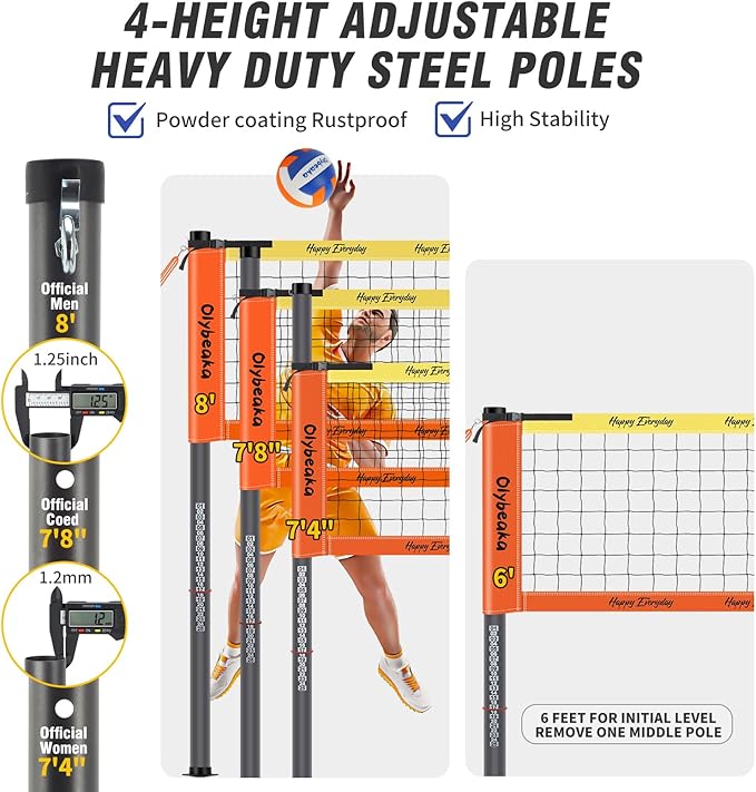 Outdoor Portable Volleyball Net Set for Backyard Beach with Adjustable Heavy Duty Poles, Durable Net, PU Volleyball & Pump, Carry Bag