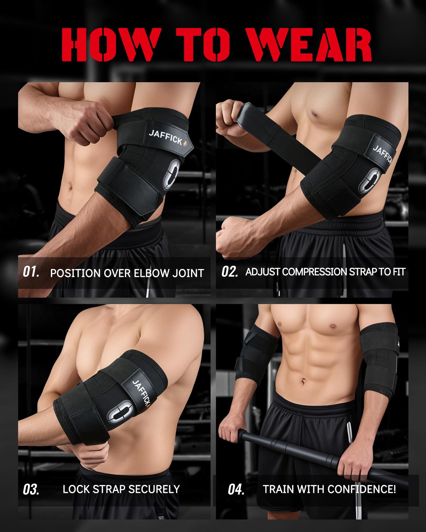 Jaffick Weightlifting Elbow Brace (1 Pair) - Elbow Sleeve with Dual Adjustable Compression Straps for Bench Press, Powerlifting, Pressing, Men & Women(Black, M)