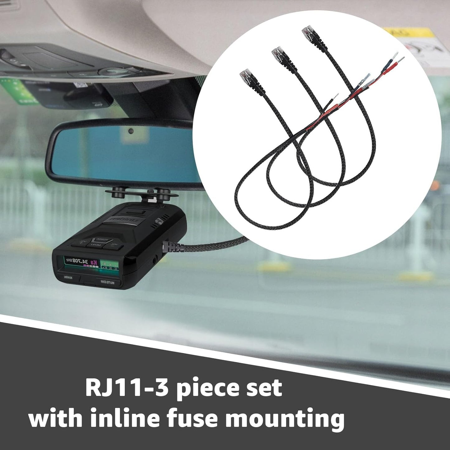 16.5" Set (3-Piece Set) (RJ11) Radar Detector Hardwire Power Cord Mirror Wire Plug Tap - Compatible with Escort Uniden
