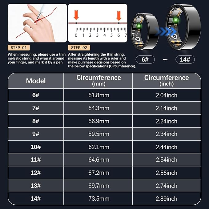 Smart Health Ring for Women Men, Fitness Tracker Ring with Heart Rate, Blood Oxygen, Sleep Tracker, Step Tracker, No Subscription Fee, IP68 Waterproof Smart Ring for iPhone & Android (Black, 7#)