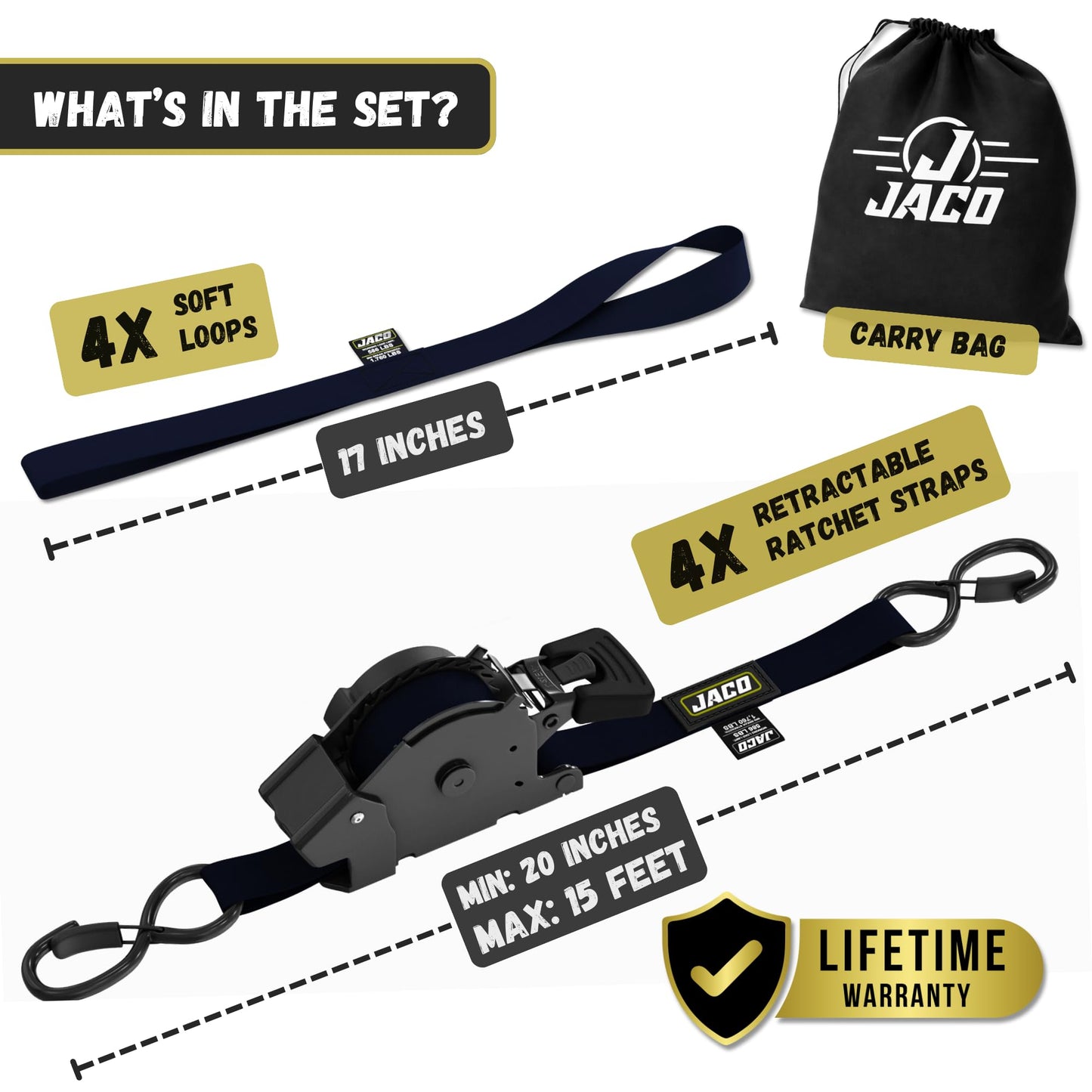 JACO Retractable Ratchet Straps - 1 in x 15 ft (4-Pack) (1,760lbs Break Strength) | Auto Self Retracting Cargo Tie Down Strap Set (Black)