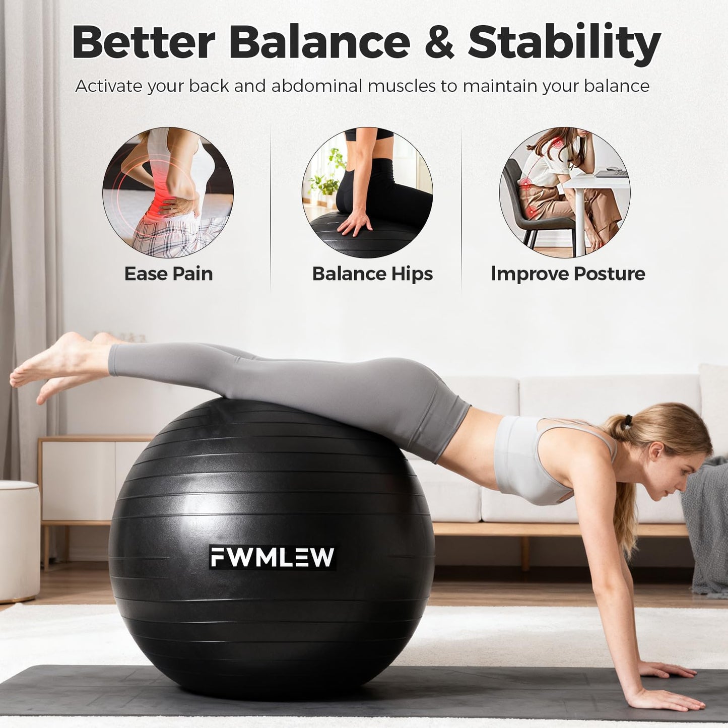 FWMLEW Extra Thick Exercise Yoga Ball, 5-Size Anti-Burst Heavy Duty Stability Gym Ball for Fitness, Core Workout, Pregnancy & Office Chair, Includes Quick Pump (S(15-18ines/38-45cm))