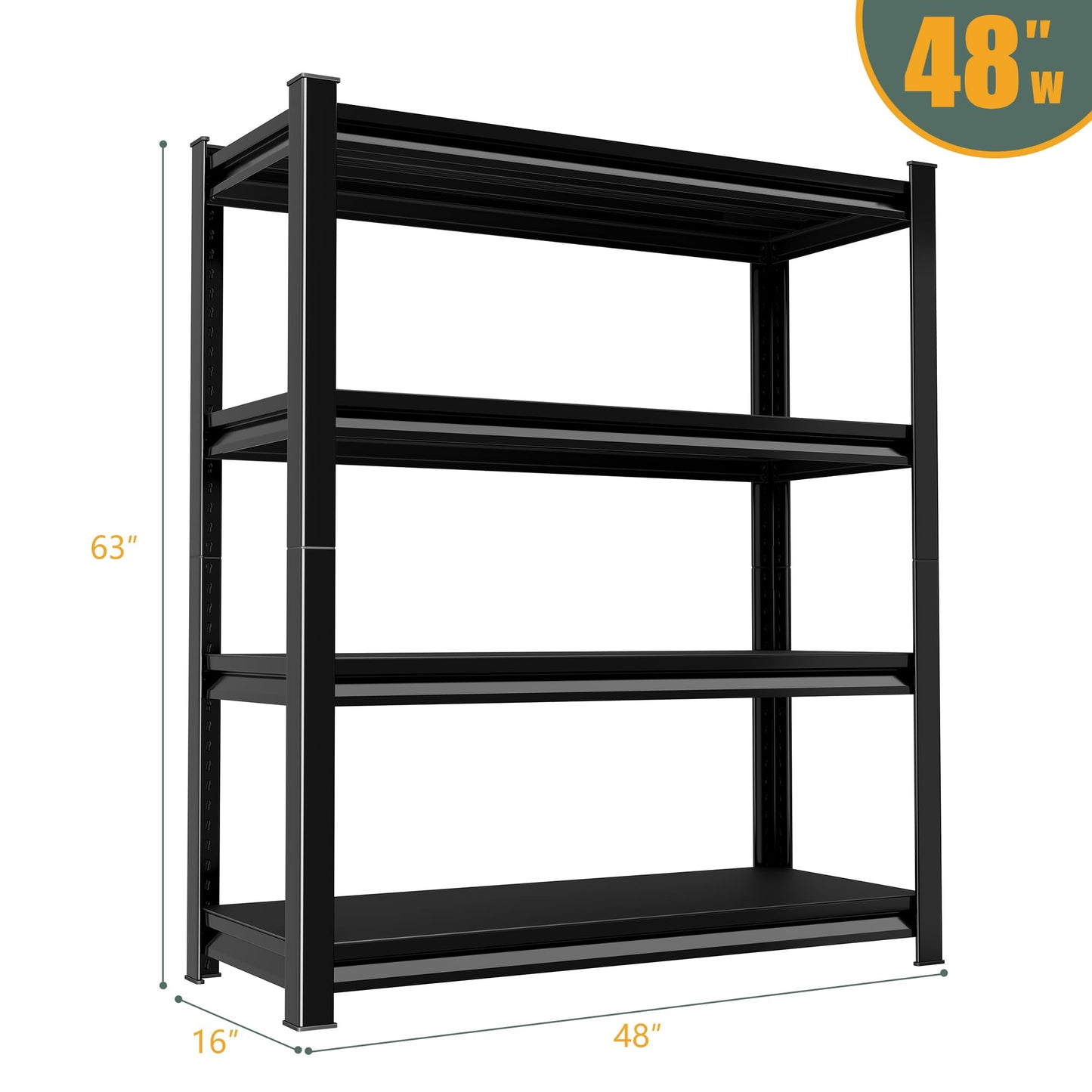 Rufokisa 48" W Garage Shelving Heavy Duty, 2200LBS Loads Adjustable Garage Storage Shelves,4-Tier Metal Storage Racks and Shelving Units, Utility Rack Shelves,48" W x 16" D x 63" H,Black