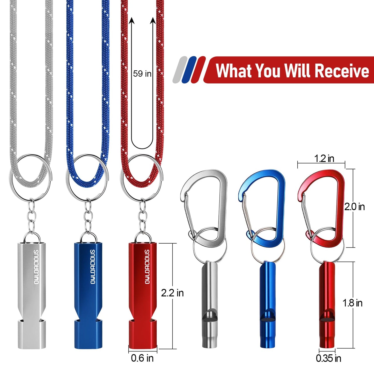 Owldacious Emergency Whistle Set, 120dB Loud Safety Whistles - 6 Pack Dual Size Aluminum Whistles, 3 Paracord Lanyards, 3 Carabiners for Personal Safety, Camping, Hiking, Survival, Marine Rescue