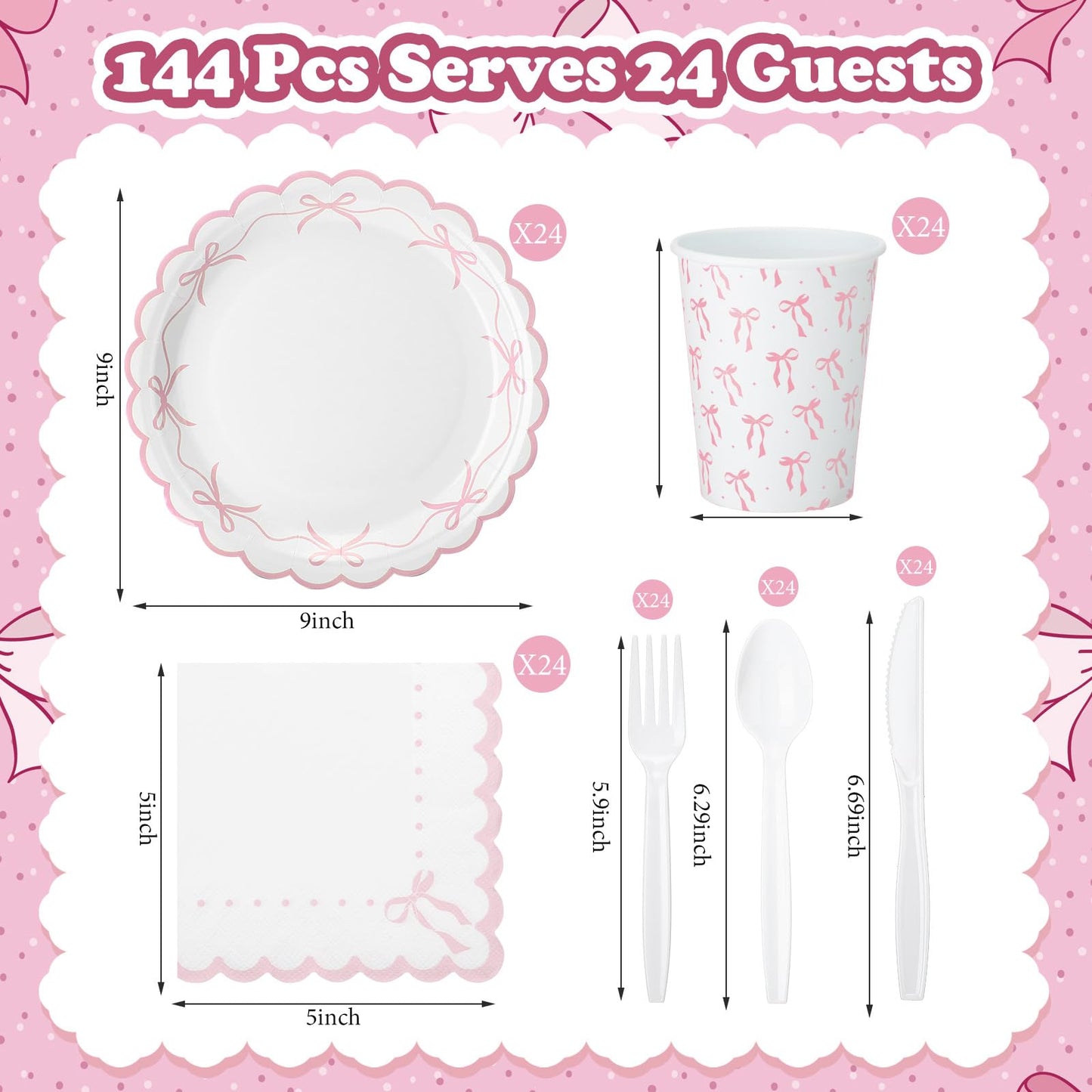 Sieral 144 Pcs Pink Scalloped Bow Party Supplies Coquette Cute Party Supplies Bachelorette Tableware Set Bow Paper Plates Napkins Cups for Girl Boy Baby Shower Wedding Birthday Decoration