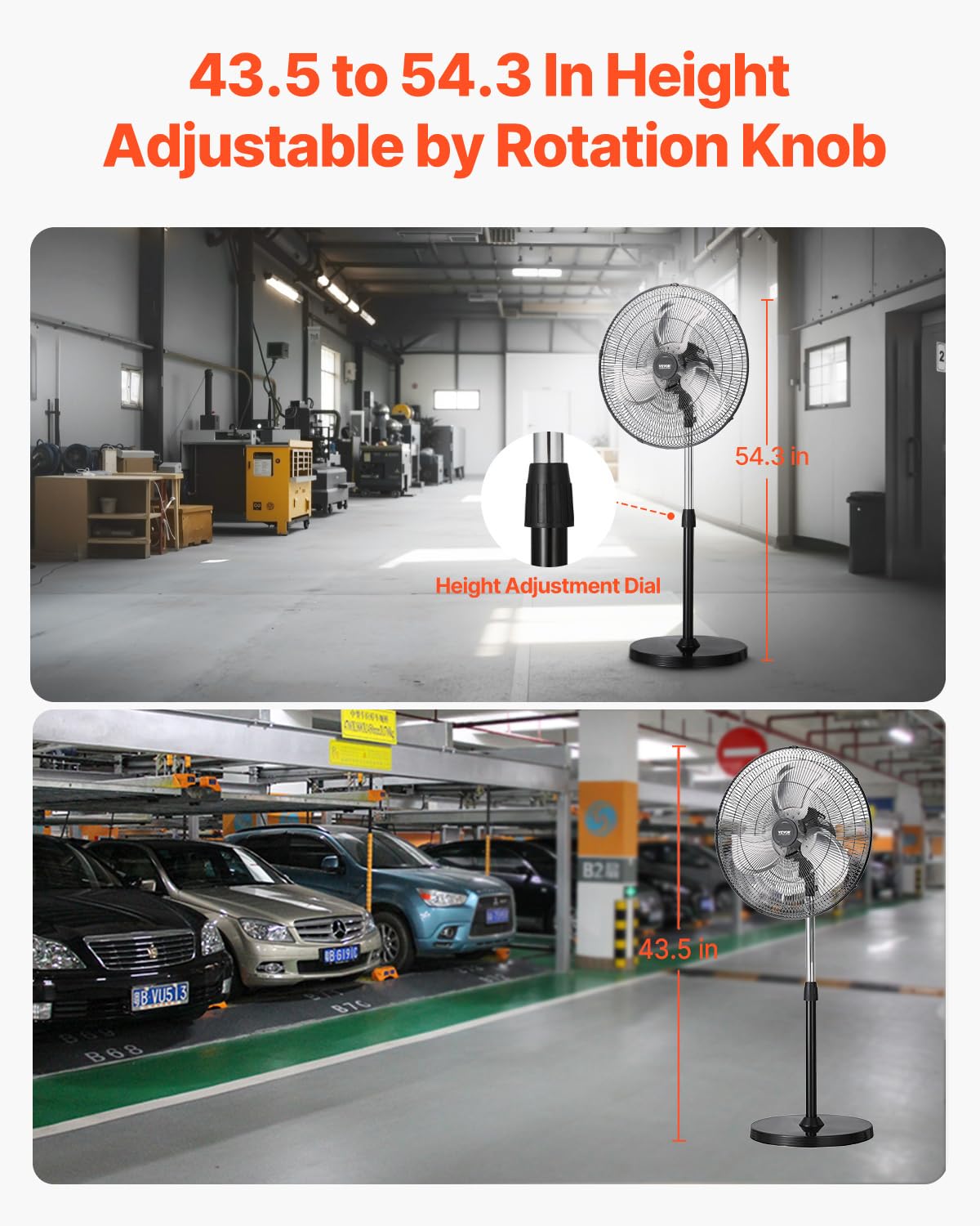 VEVOR Industrial Pedestal Fan, 20 Inch 90-Degree Oscillating Fan, Height Adjustable Standing Fans with 3 Adjustable Speeds, High Power Floor Fans for Warehouse,Garage,Commercial, Black