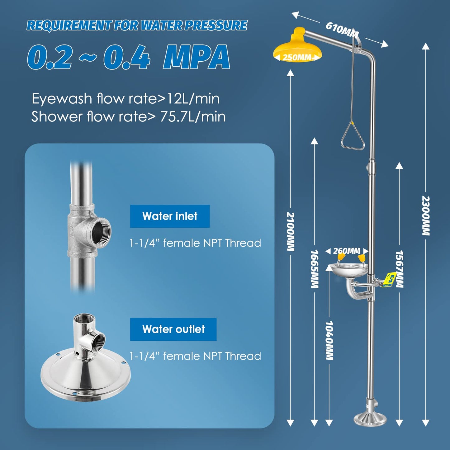 Combination Eye Wash Station and Shower, Emergency Shower Eyewash Station OSHA Approved, Stand Plumbing Eye Washing Unit for Industrial & Commercial & Lab Use, Stainless Steel, NPT Threads
