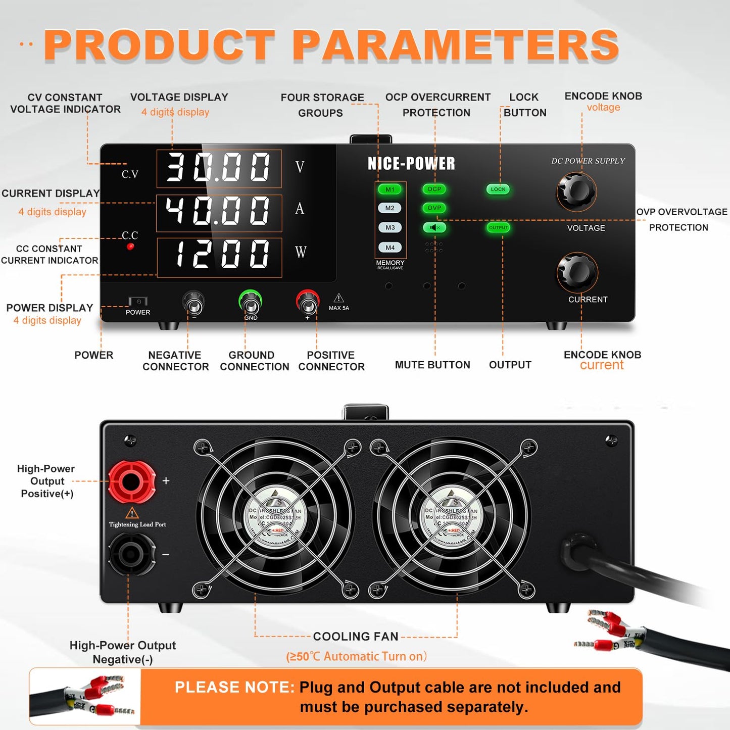 NICE-POWER DC Power Supply Variable, 30V 40A 1200W High Power Switching DC Regulated Bench Power Supply with Output Switch, OCP & OVP, Memory Function, Encoder Knob, 4-Digit LED Display, Lock Button