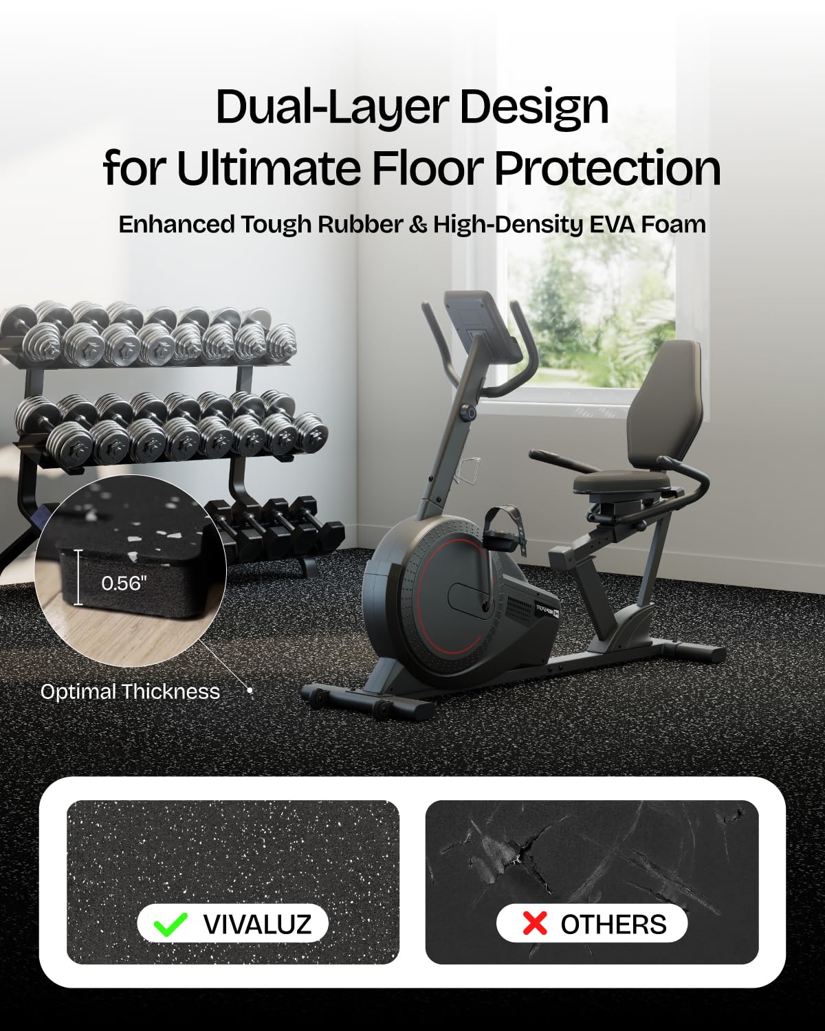 Vivaluz 0.56 Inch Thick 48 Sq Ft Gym Flooring for Home Gym, 12 Tiles Robust Rubber Top with Eva Foam Exercise Equipment Mats, Protective Flooring Puzzle Mat for Fitness Room