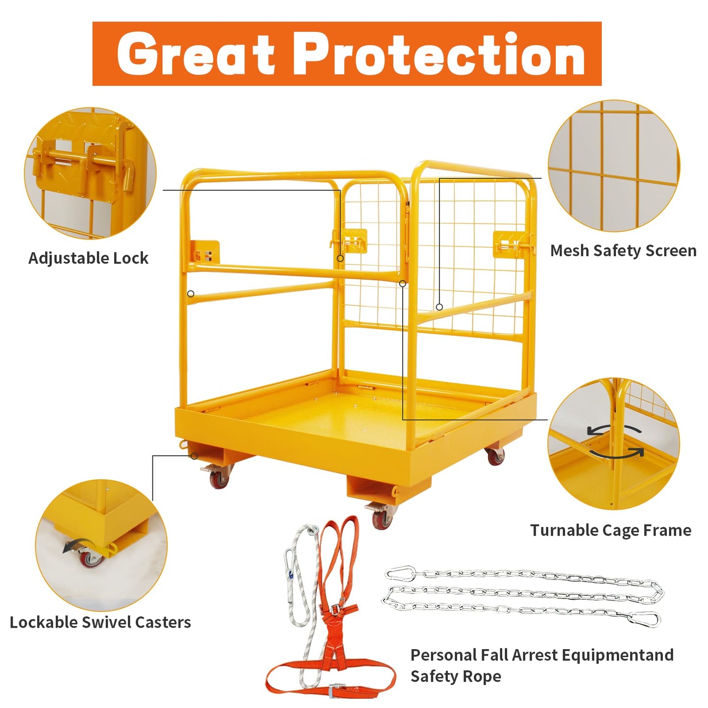Forklift Safety Cage 36x36 Inch Forklift Man Basket Heavy Duty Lift Basket with 4 Wheels 1200LBS Capacity Safety Set for Most Aerial Jobs
