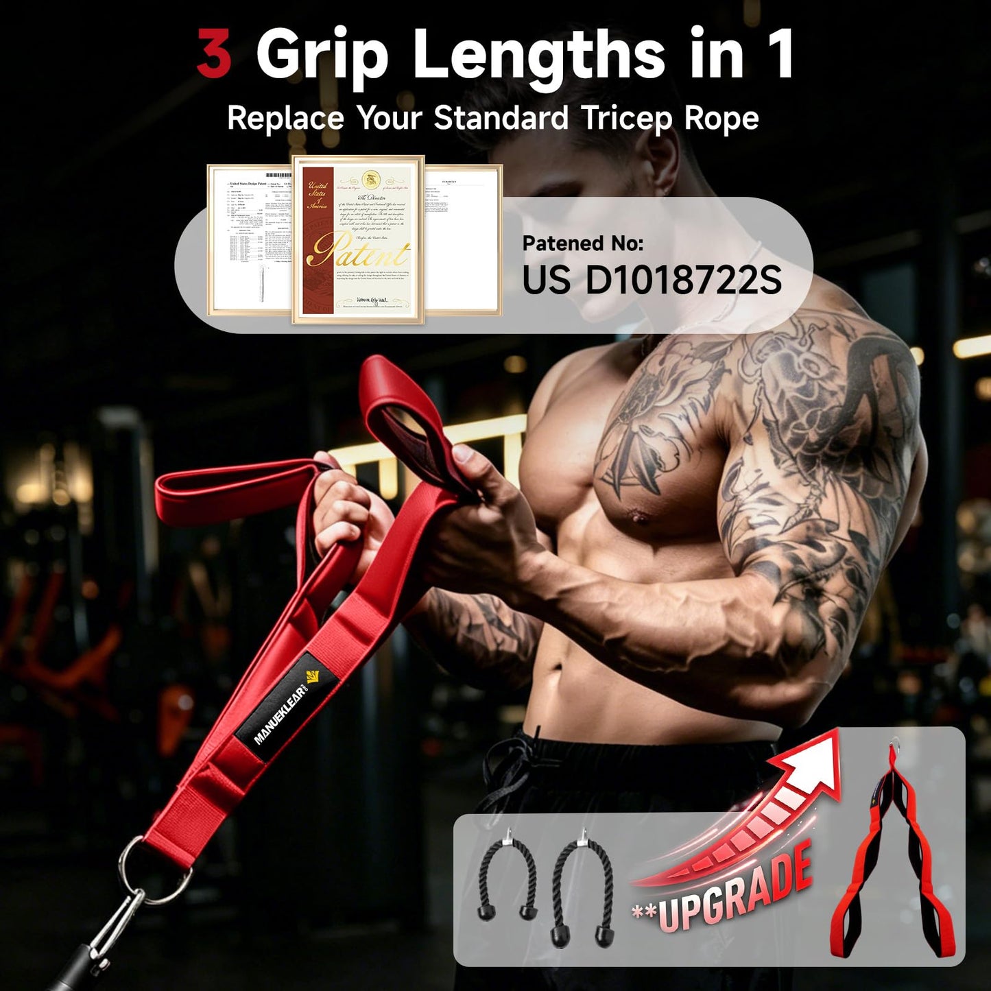 MANUEKLEAR 3PC Tricep Rope Cable Attachments Set for Full Arm Workout, Cable Machine Attachments with Non-Slip Grips, Anti-Rust Cable Attachments for Gym
