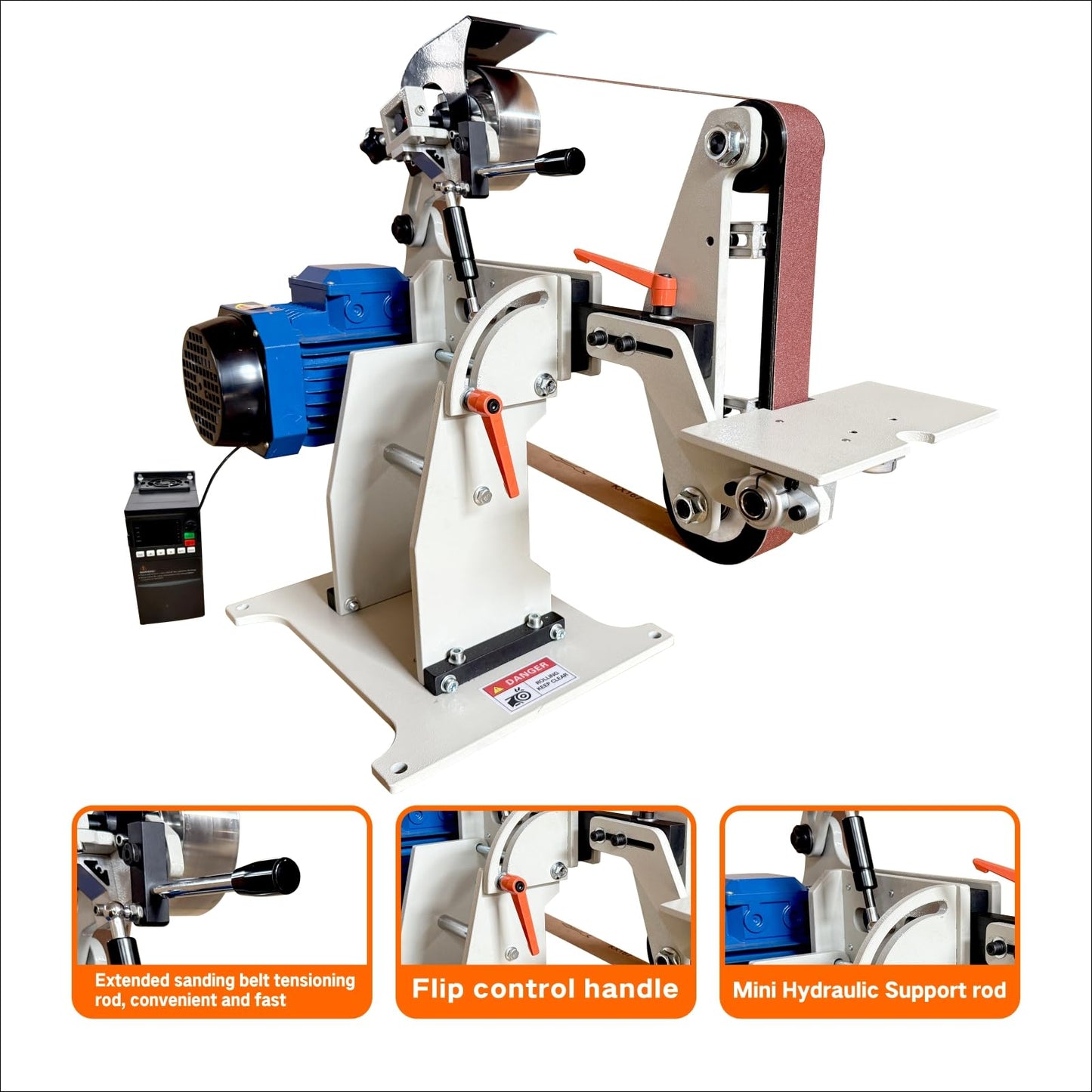 Belt Grinder Sander, 2x72 Inch Belt, 1500W Electric Motor with 2.2KW VFD, 2 sets of grinding kits with 3 grinding methods,Vertical and Horizontal operation includes 3 sanding belts.