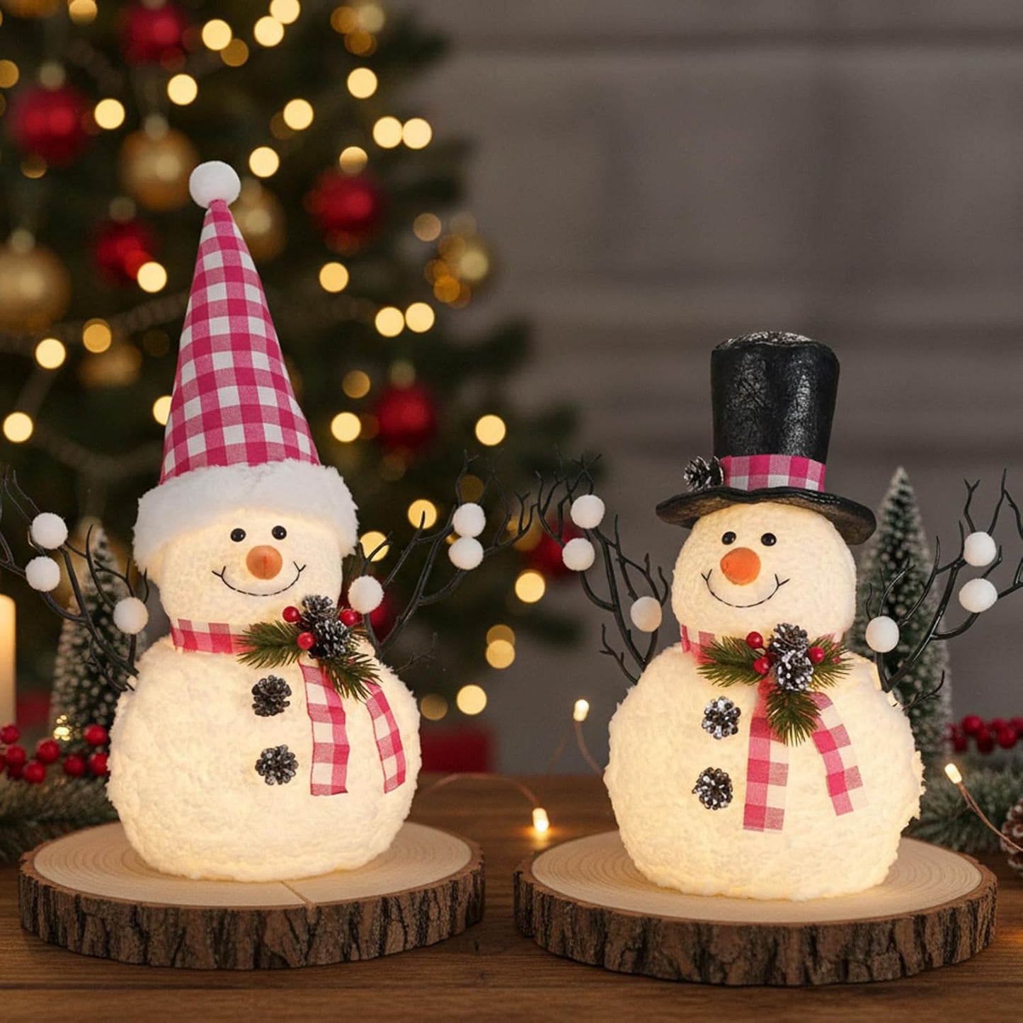 Skiennix Lighted Plush Snowmen Figurines - 14" Christmas Table Decorations | Battery Operated Holiday Ornaments