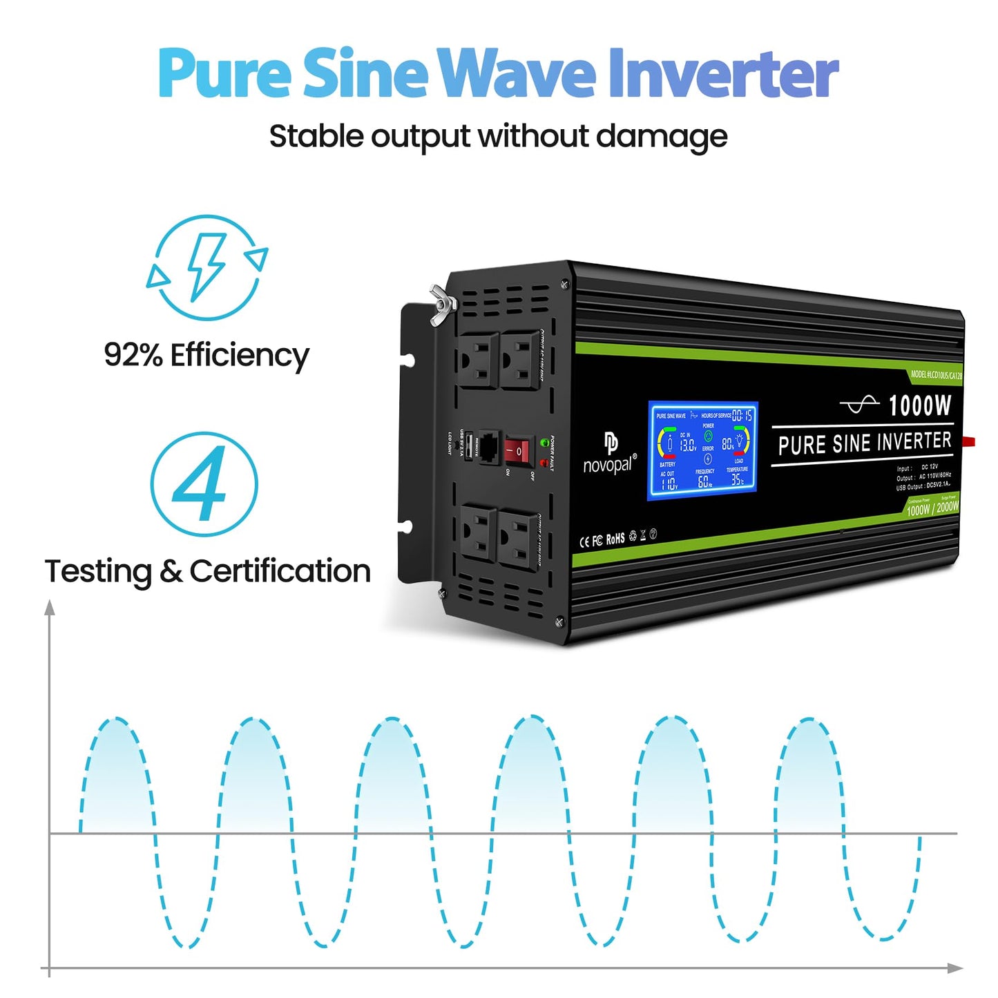 Novopal 1000 Watt Pure Sine Wave Power Inverter 12V DC to 110V/120V AC Converter- 4 AC Outlets Car Inverter with 1 USB Port-16.4 feet Remote Control,Two Cooling Fans and LCD Display Black