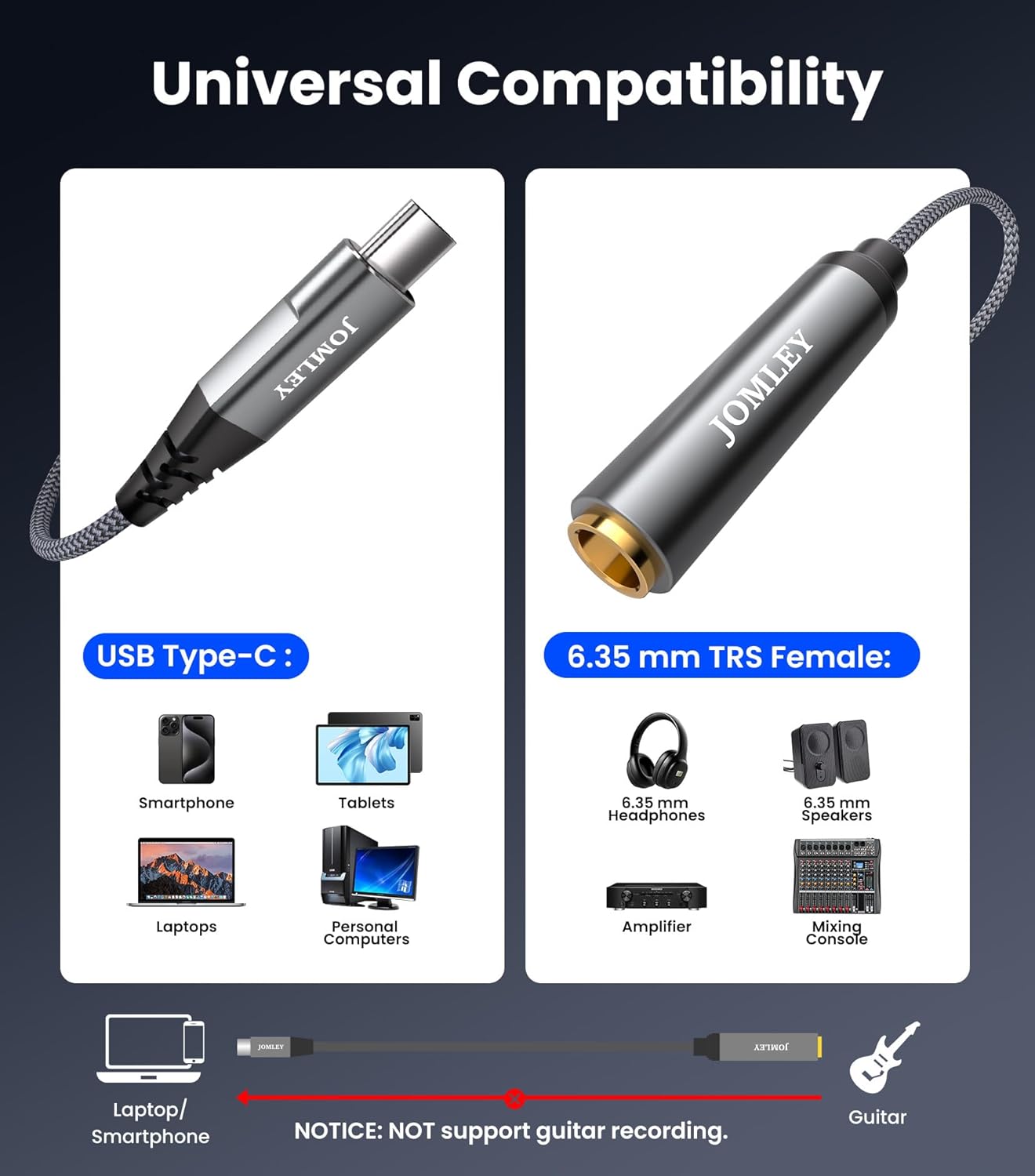 JOMLEY 1/4 20CM, 1/4 Inch 6.35mm USB C to Headphone Adapter TRS Female to USB C Stereo Jack Headphone Adapter Cable