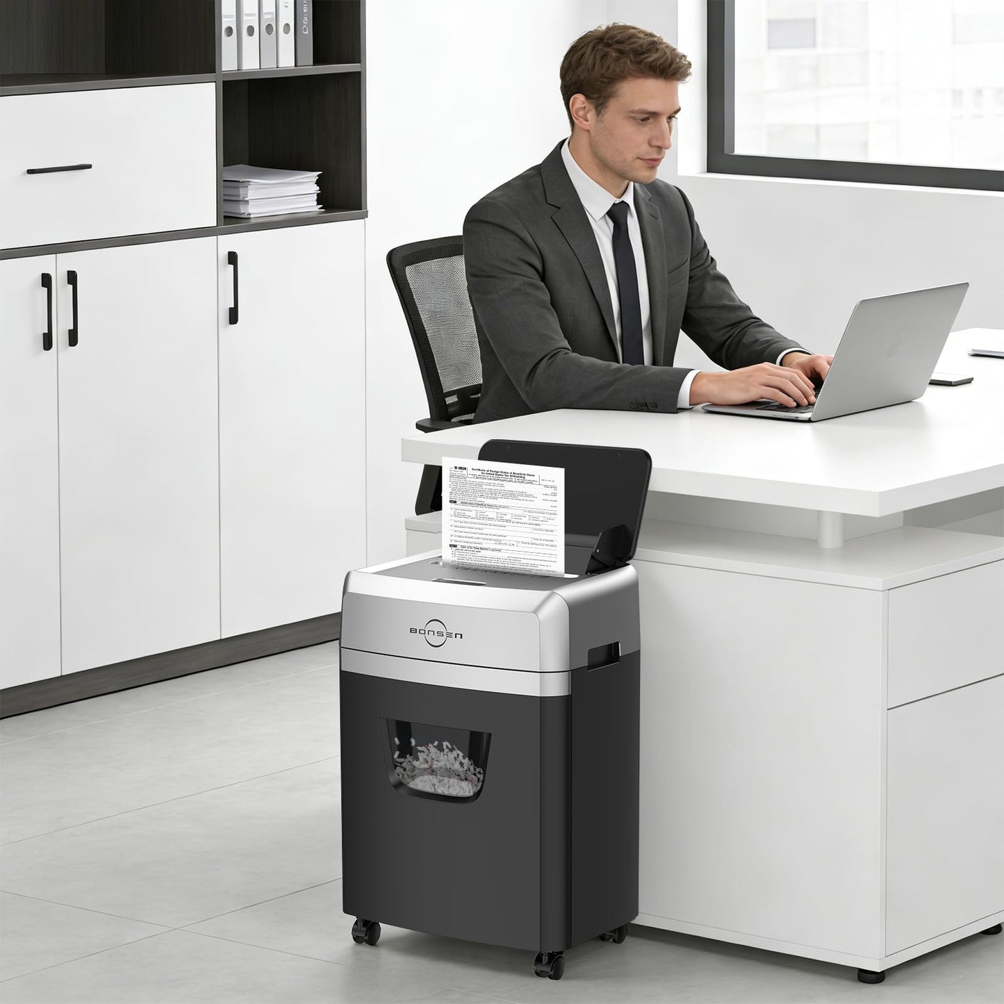 BONSEN 150-Sheet Autofeed Paper Shredder Heavy Duty, 60 Mins Micro-Cut Shredder for Office, 6 Gal Large Capacity Bin P-4 High Security Commercial Document Shredders for Home Office S3114