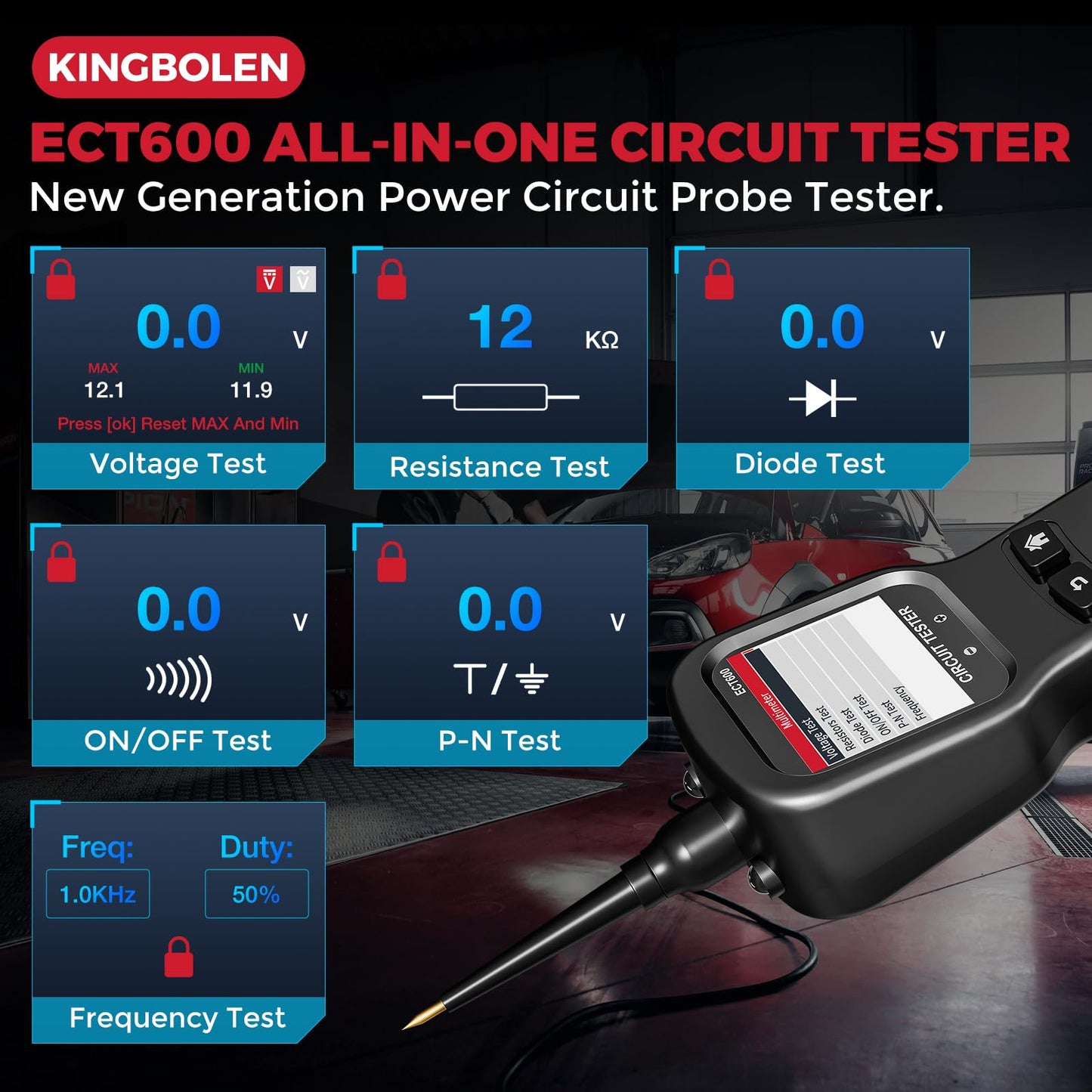 KINGBOLEN ECT600 Automotive Power Circuit Probe Tester with Battery/Relay/Fuel Inject Test, 12-24V Electrical Short/Open Circuit Finder, AC/DC Voltage,Component Activation, Oscilloscope Display,36FT
