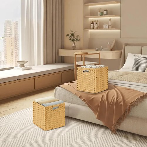 DULLEMELO Wicker Storage Cube Set - 11-Inch Baskets with Handles for Easy Organization - Natural Finish, Set of 4