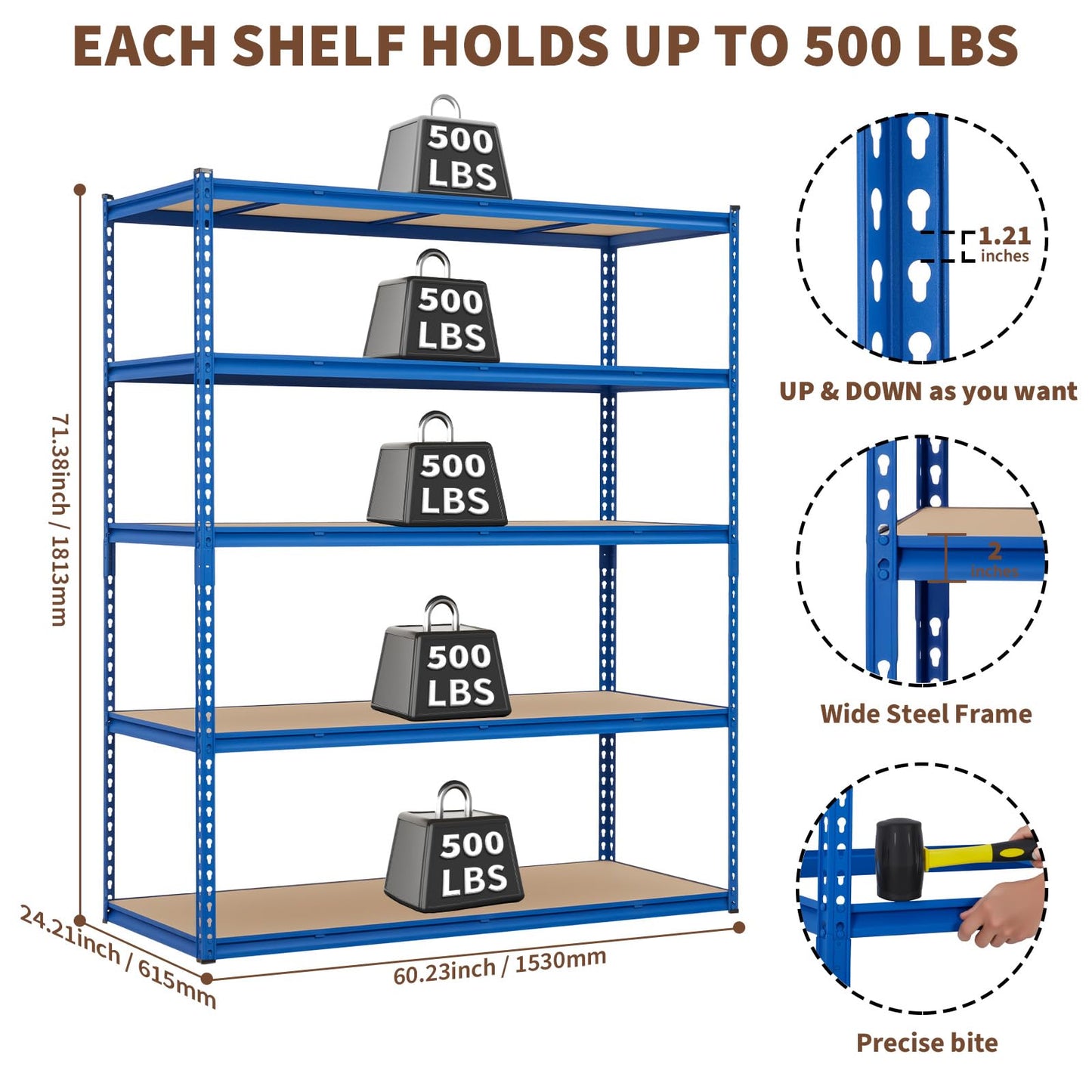 5 Tier Shelving Unit, 500 Lbs Per Shelf, 60" W x 24" D x 71" H Industrial Storage with Adjustable Steel Shelves for Garage, Warehouse, Kitchen, Pantry, Blue