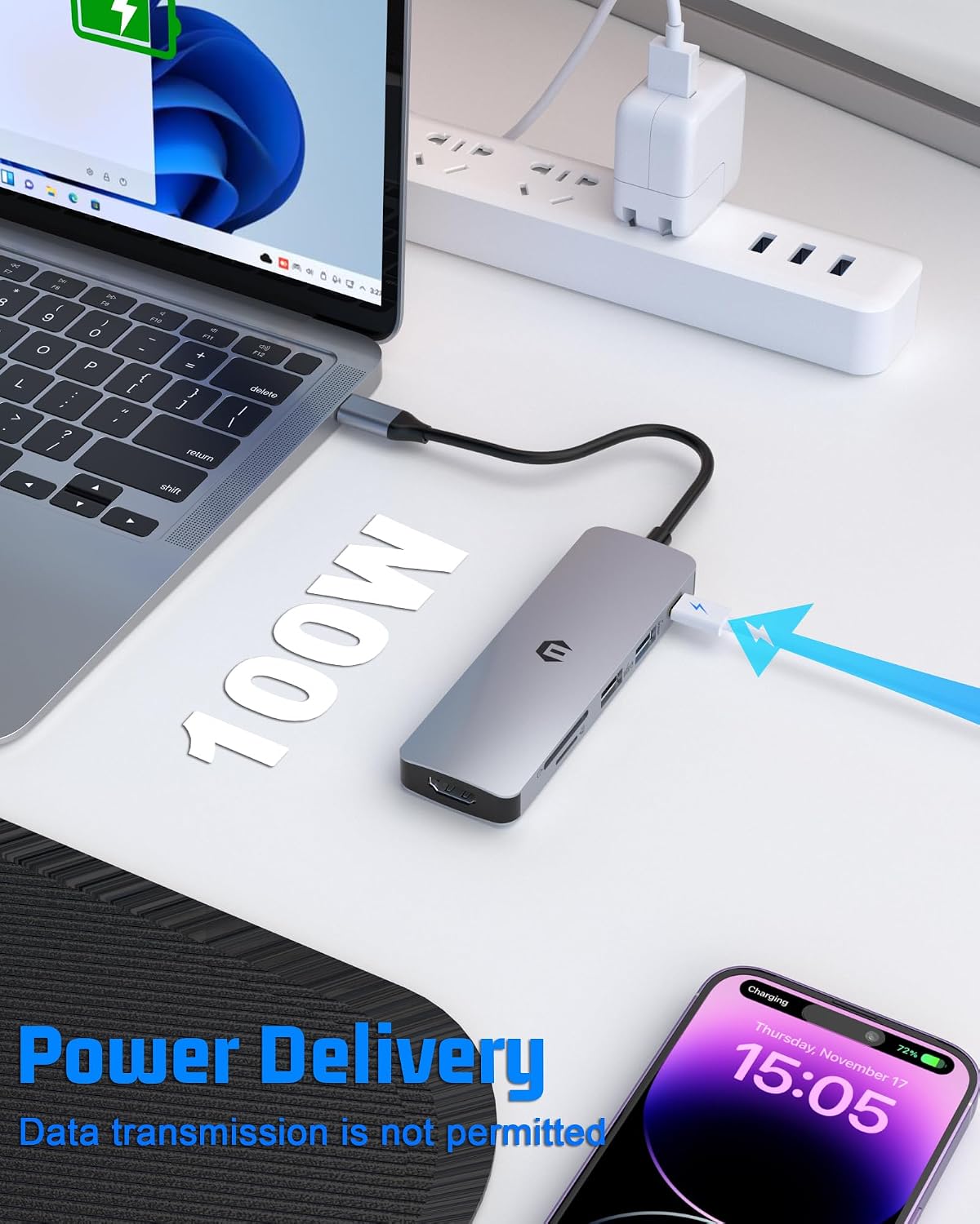 Tiergrade 6 1 4K 3.0 2.0 100W USB C Hub, in USB C Adapter, Display Docking Station with USB-A Port, USB-A Port, Power