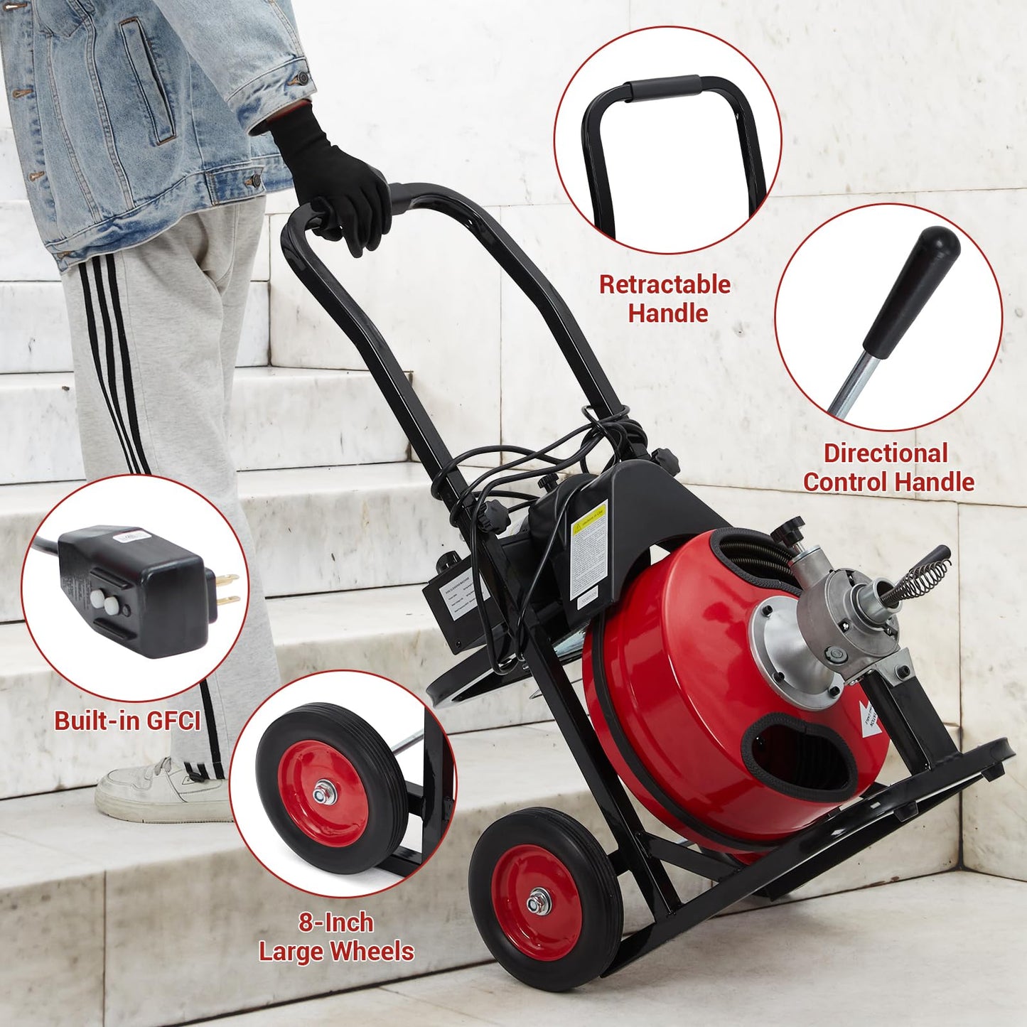 GarveeTech Auto Feed 100 ft x 3/8 in Drain Cleaner Machine with 250W Motor, Portable Sewer Snake Auger with 8 Cutters & Air-Activated Foot Switch, Fits 1 in to 4 in Pipes, Black & Red
