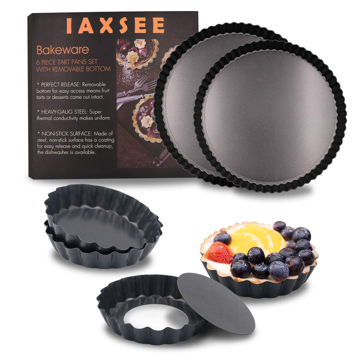 IAXSEE 10 Inch,9.5 inch and 4 Inch 4 Pack Round Tart Pan with Removable Bottom Quiche Pan Non-Stick Baking Dish Pan Carbon Steel Pie Tart for Kitchen Cooking Baking