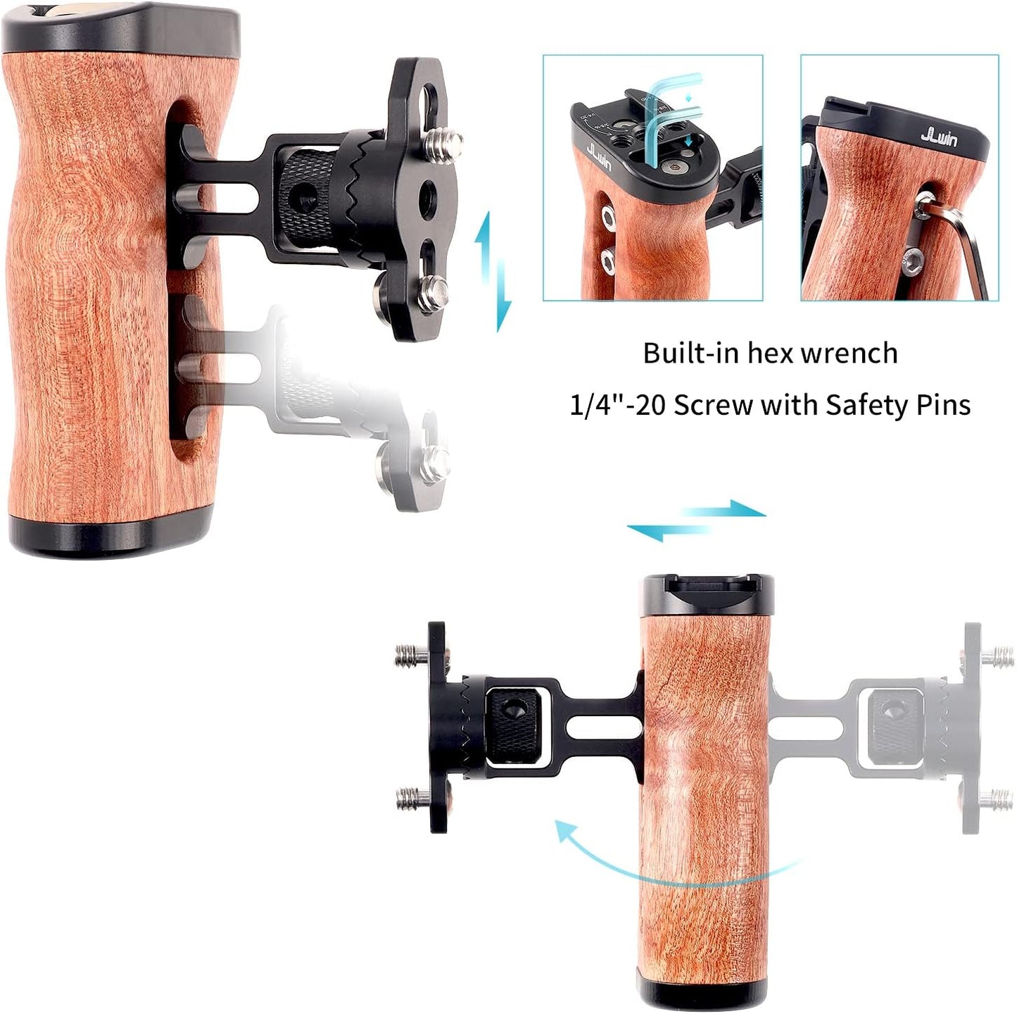 FocusFoto 1/4"-20 3/8"-16 Wooden Side Handle Grip Left/Right Handgrip with & & Cold Shoe Mount Universal for DSLR
