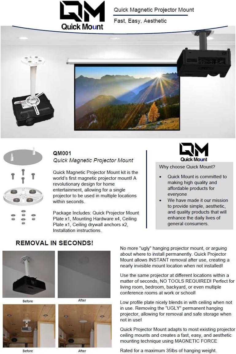 Quick Mount Quick Magnetic Projector Mount, Compatible with Most Ceiling Wall Projector mounts (YiePhiot, WALI, VIVO
