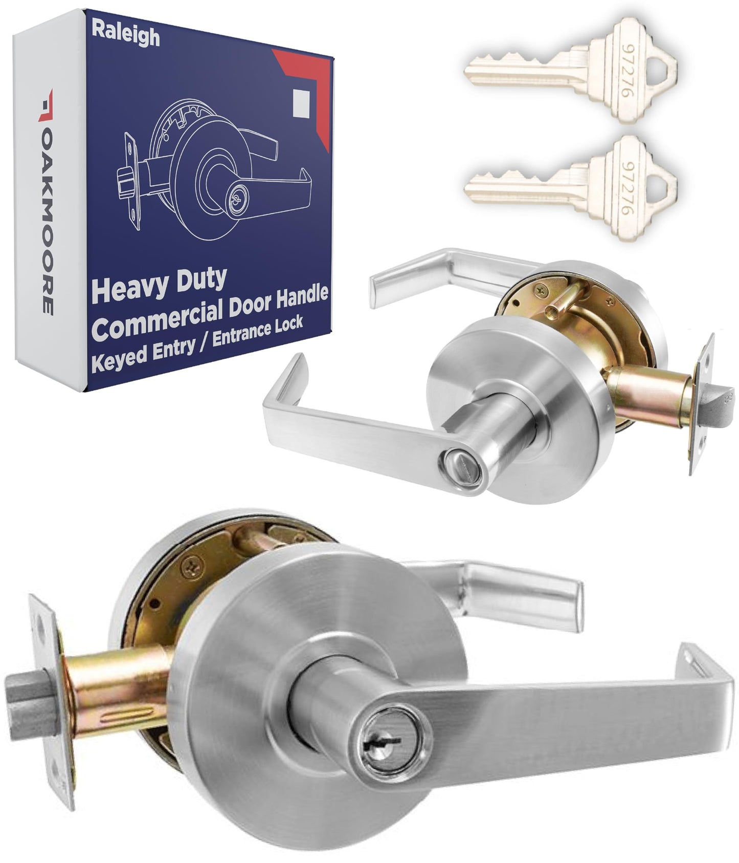 OAKMOORE Commercial Entry Door Handle | Grade 2 Ultra Heavy Duty Lockset with Keys | Offices, Stores, Industrial | UL CUL & ADA | Satin Nickel | ANSI A156.2 | Durable Knob for High-Traffic Areas