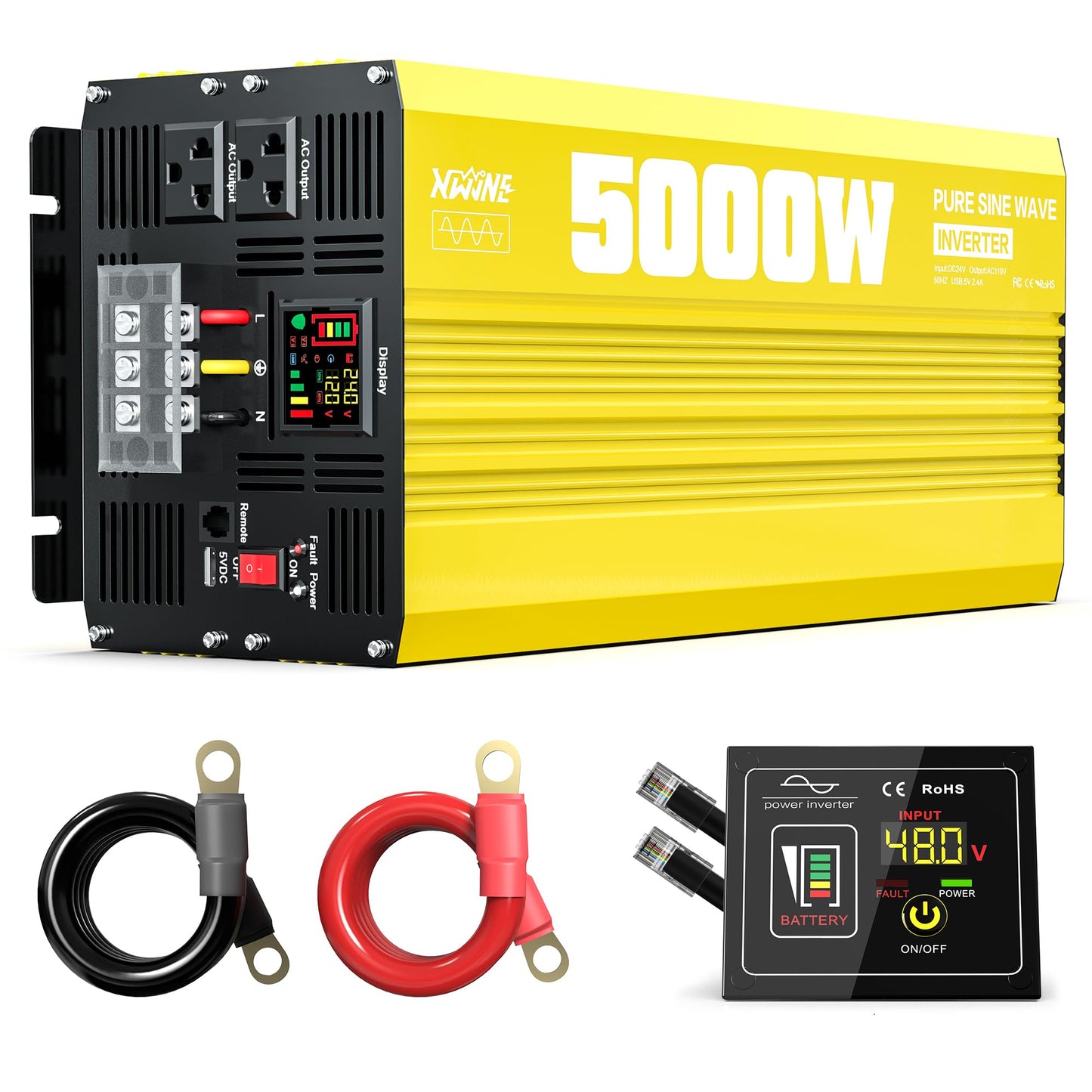 XWJNE 5000W Pure Sine Wave Power Inverter 24V DC to 120V AC Converter with LED Display and Remote Controller for Home, RV, Truck, Off-Grid Solar Power