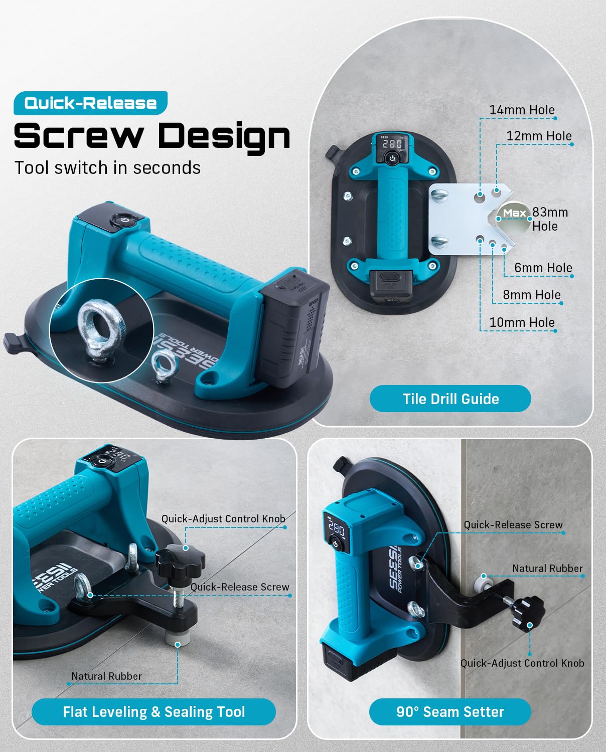 SEESII 4-in-1 Electric Suction Cups for Tile Lifting, Drill, Seam & Leveling: 10" Large Glass Suction Cup, Heavy Duty Vacuum Lifter with 280KG/617LBS Max Load, 4X 3000mAh Batteries, Digital Display