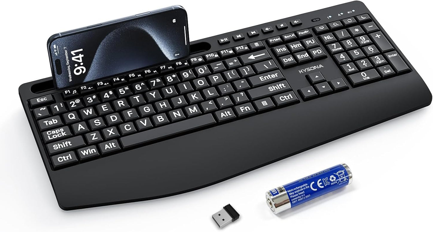 KYSONA 2.4G Large Print Wireless Keyboard, Full Size Cordless Computer Keyboard with Phone Holder, Palm Rest, Ergonomic