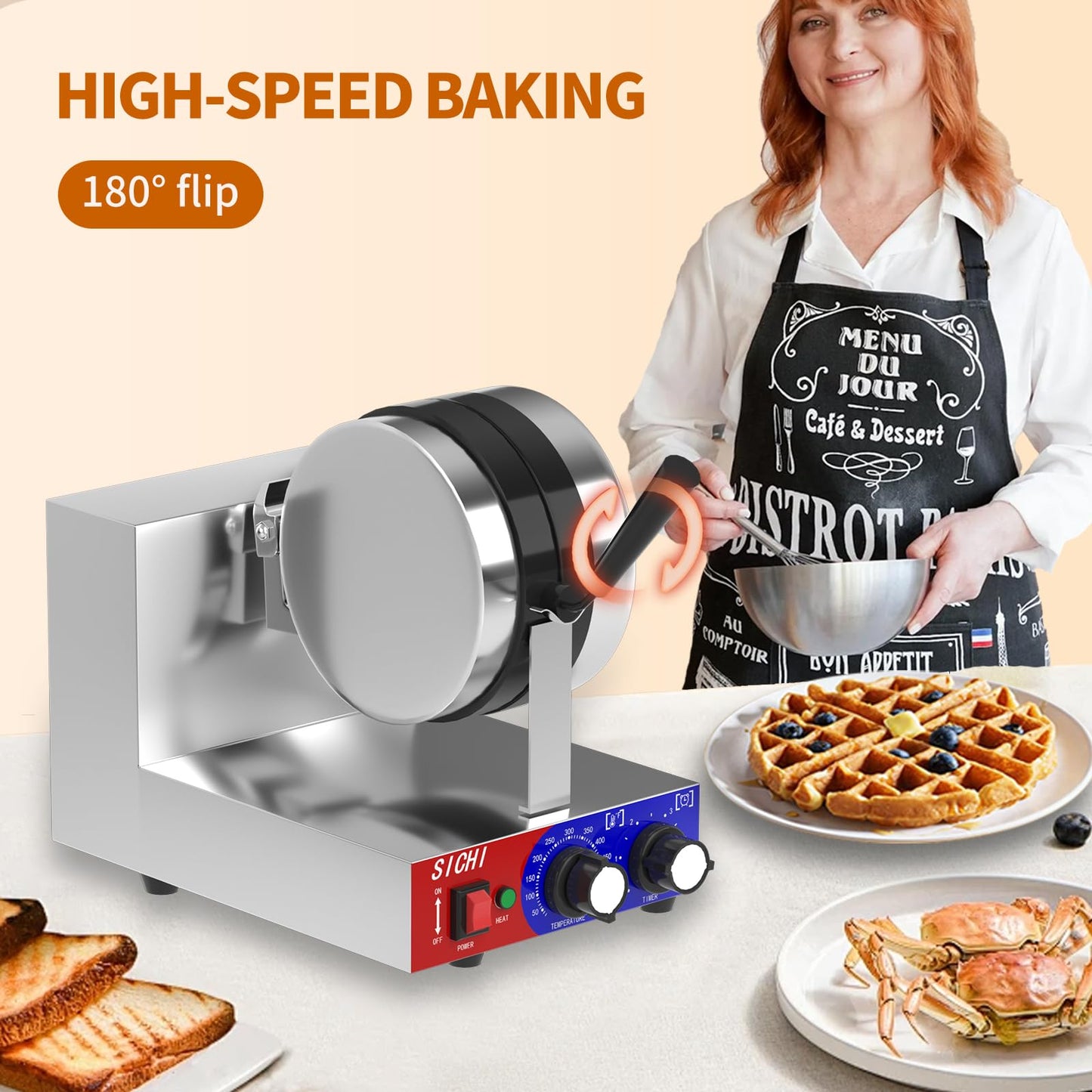 HTTSICHI Commercial Waffle Maker - Belgian Waffle Maker w/Non-stick Baking Pan and 550℉ Heating, 1200W Rotating Waffle Iron for 1.2" Thick, Stainless Steel Round Waffle Machine for Restaurant