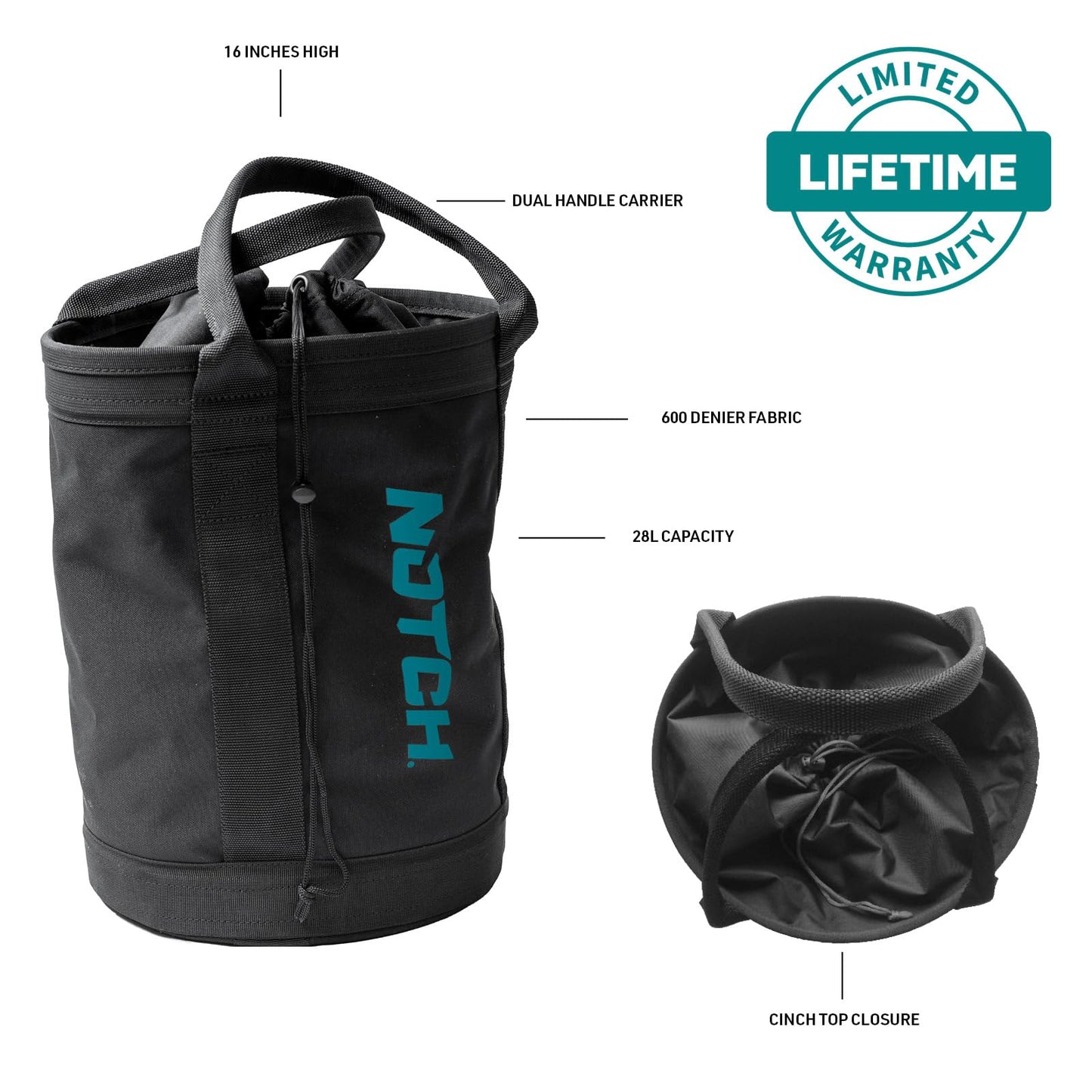 Notch Pro 250 Black/Teal Rope Bag, 28L Capacity, Holds 250 ft. of ½ in. rope, Dual Handles, Cinch Top Closure, 600 Denier Fabric with Reinforced Seams, H: 16” x W: 12” (40025BT)