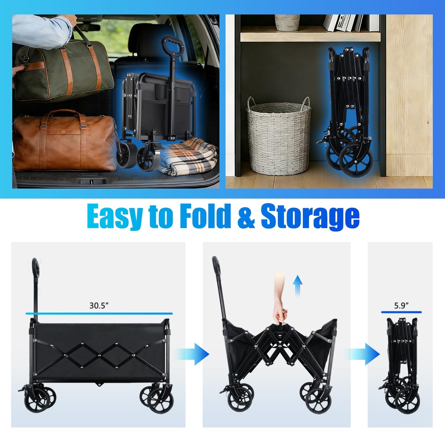 Collapsible Wagon Cart Foldable with Wheels - 360LBS Large Heavy Duty Folding Utility Wagon with All-Terrain Wheels & Brakes for Shopping Garden Beach Camping, 2 Drink Holders/Lightweight/Black